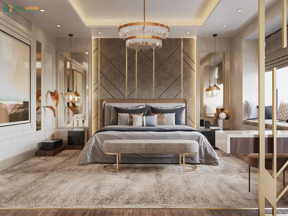 Mẫu thiết kế nội thất phòng ngủ sang trọng với gam màu trung tính sẽ mang lại cảm giác nhẹ nhàng hơn
