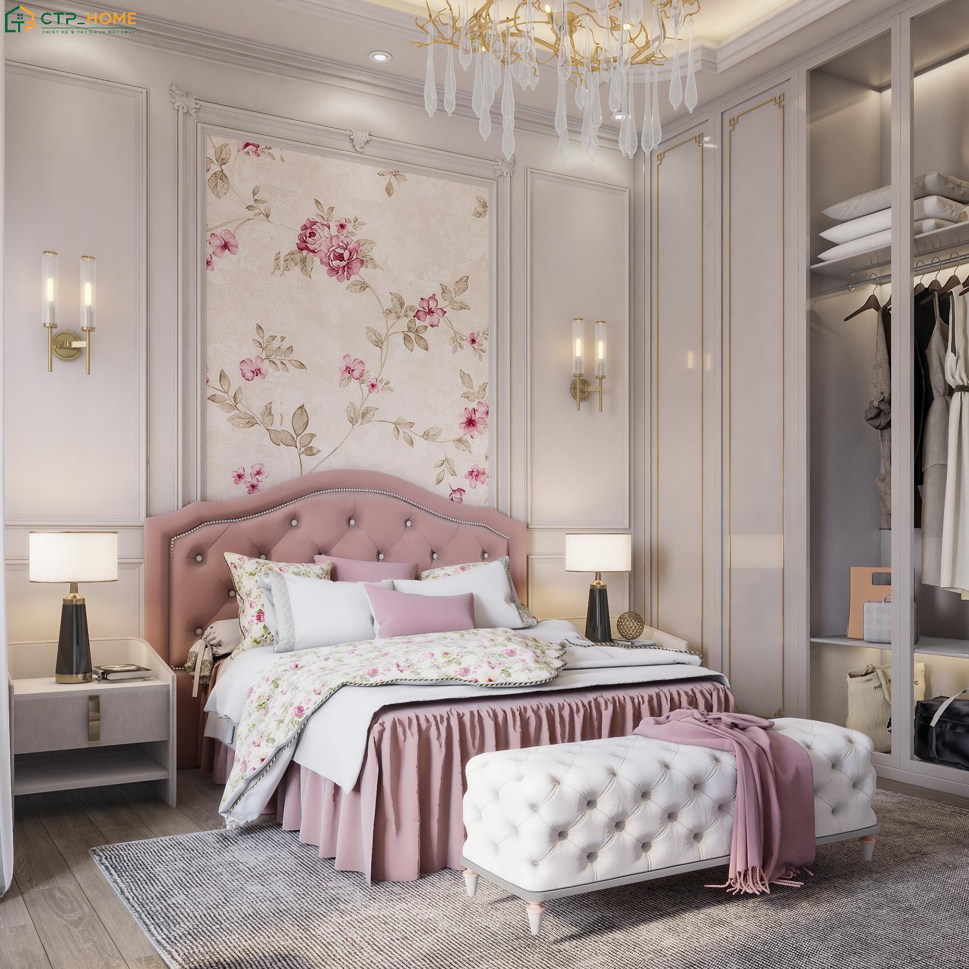 Mẫu phòng màu hồng tân cổ điển nổi bật với những chi tiết trang trí sang trọng cùng các món đồ nội thất cao cấp