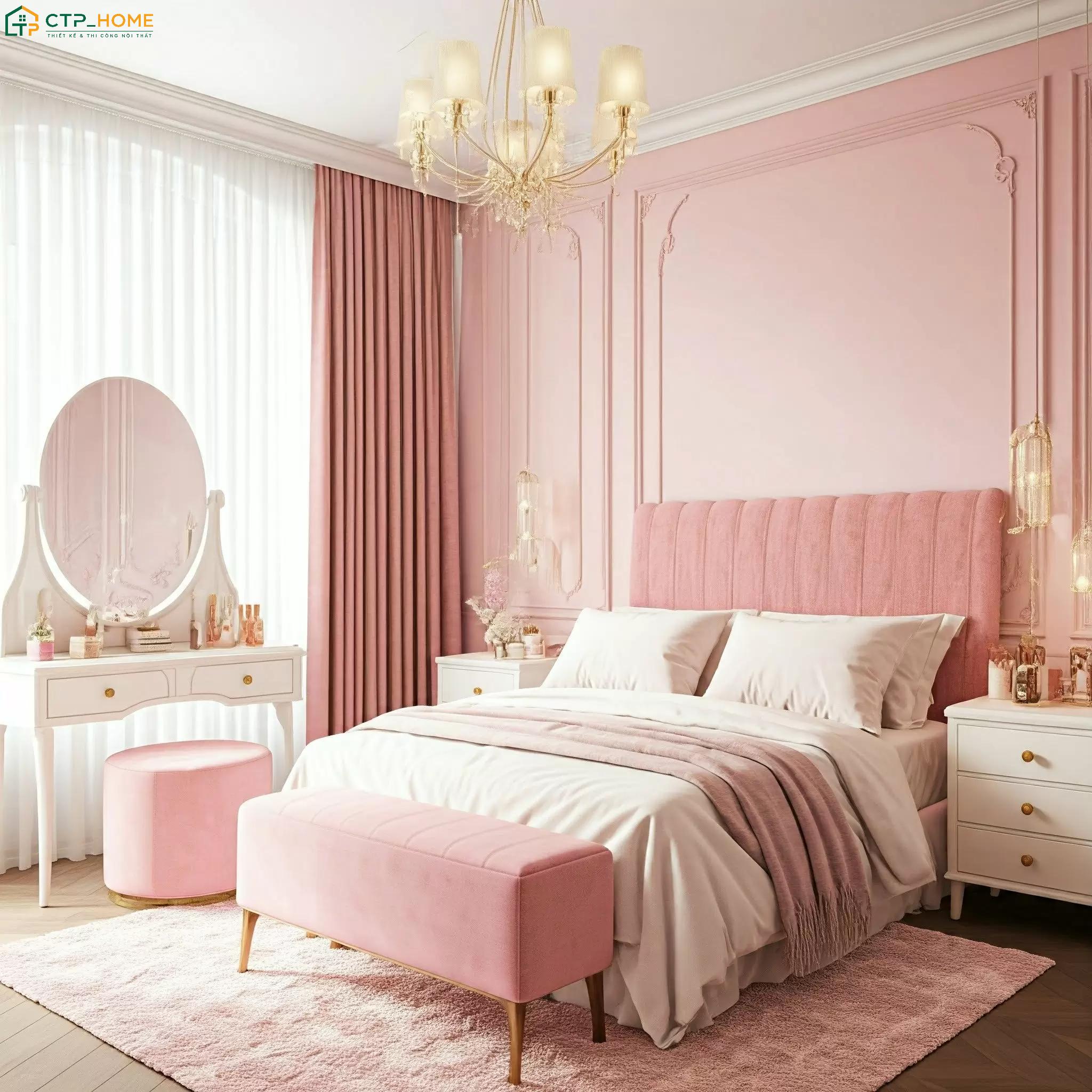 Mẫu phòng ngủ đẹp màu hồng sang trọng thường ưu tiên sử dụng những chất liệu nội thất cao cấp