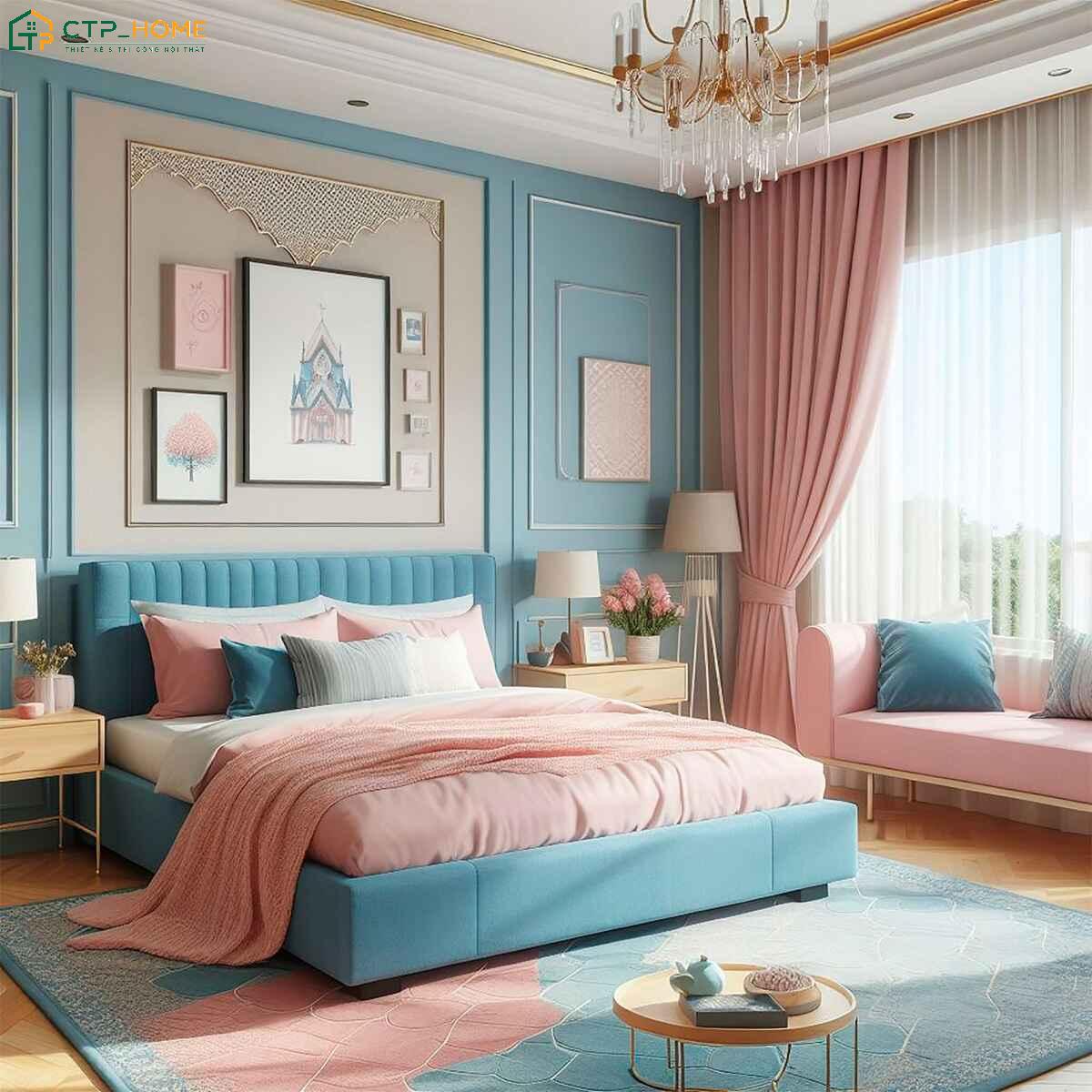 Màu hồng và xanh dương sẽ được kết hợp với nhau để giúp phòng màu hồng trở nên hài hòa hơn