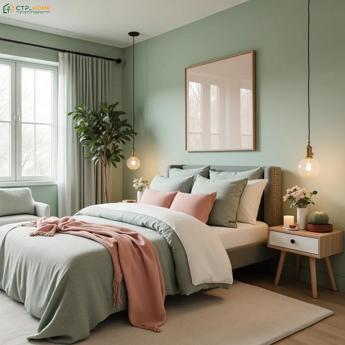 Sự kết hợp giữa gam màu xanh lá và hồng sẽ giúp phòng ngủ trở nên gần gũi và thoải mái hơn