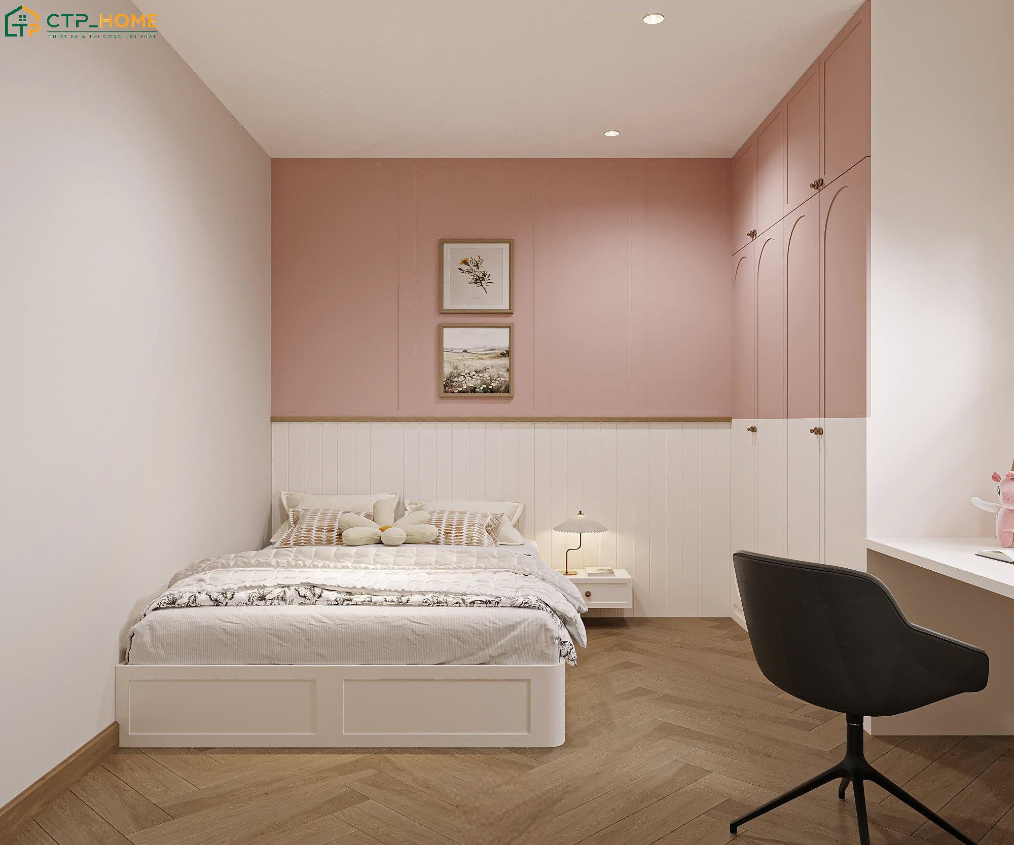 Mẫu decor phòng ngủ màu hồng trắng sẽ tạo điểm nhấn thông qua các chi tiết bo cong mềm mại
