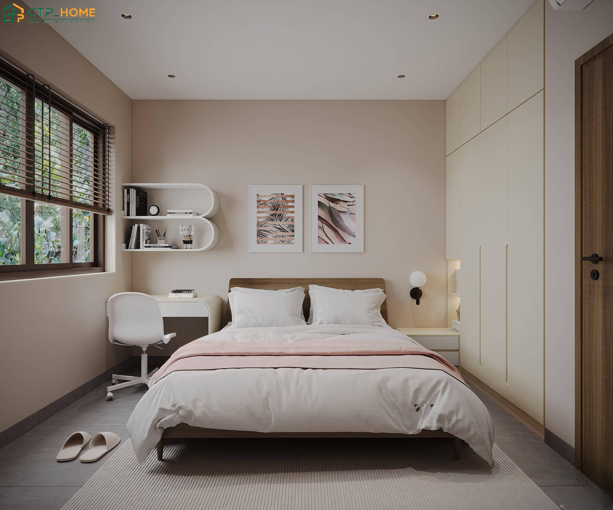 Việc kết hợp màu hồng với trắng sẽ giúp tạo điểm nhấn thị giác để phòng ngủ trở nên thông thoáng hơn