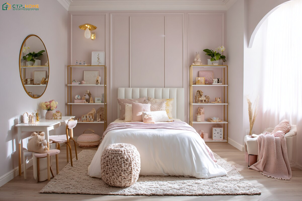 Các mảng màu sẽ được sắp xếp đan xen để đảm bảo sự cân đối cho phòng ngủ đẹp cho nữ màu hồng trắng