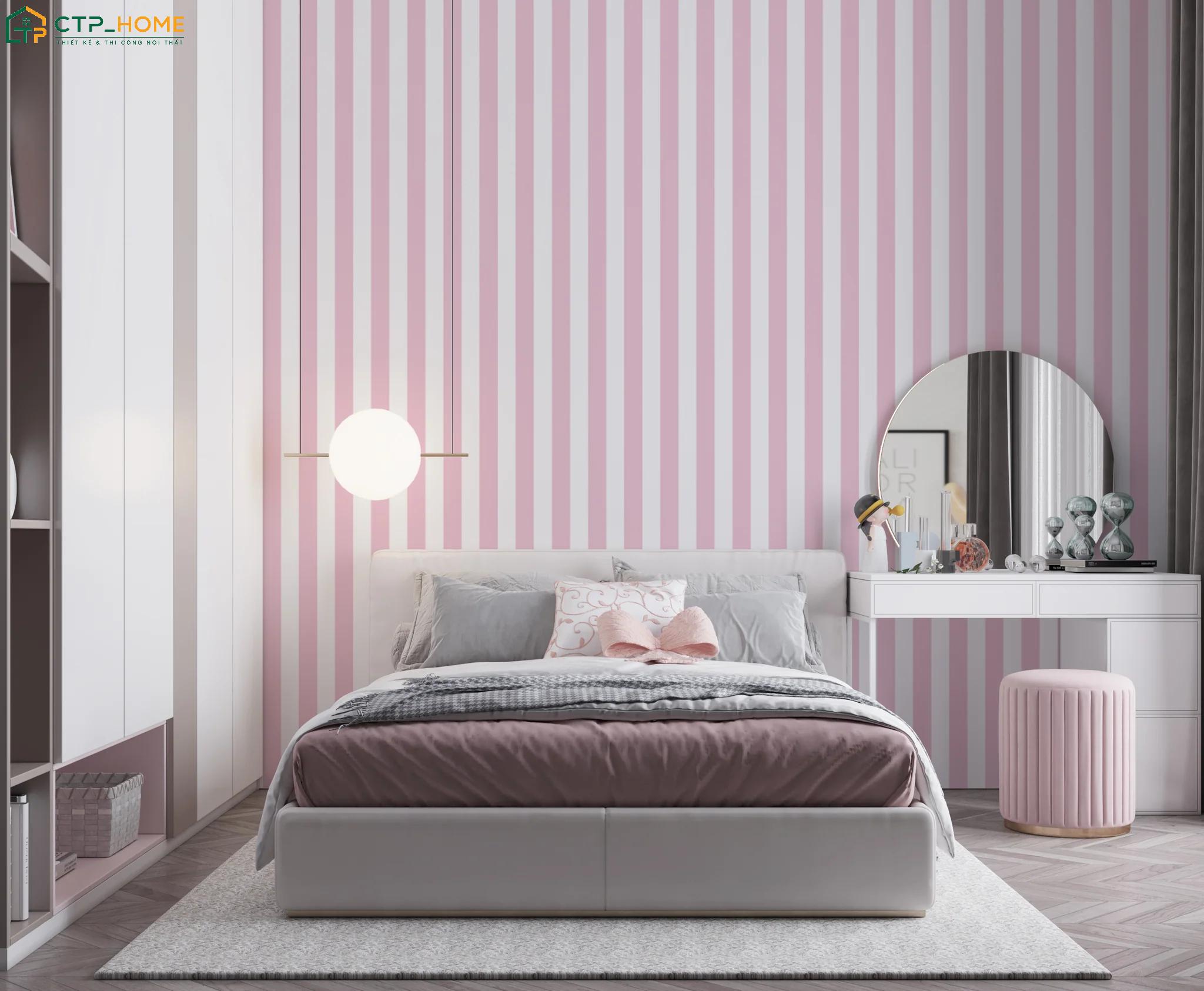 Mẫu phòng ngủ màu hồng xám sẽ hạn chế các chi tiết rườm rà để tôn lên đường nét gọn gàng của đồ nội thất