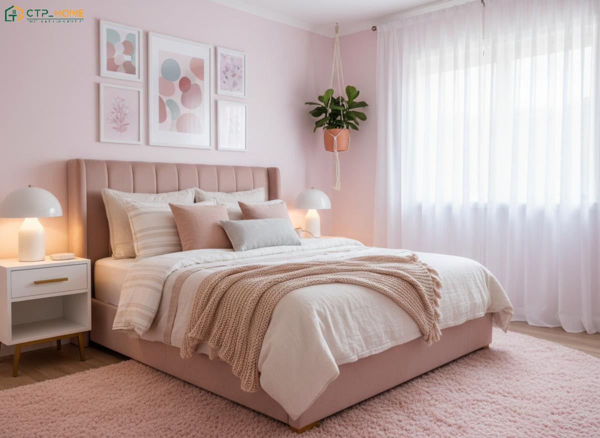 Gam màu hồng Pastel ngọt ngào kết hợp cùng thảm lông mềm mại sẽ tạo nên một không gian nghỉ ngơi thư thái