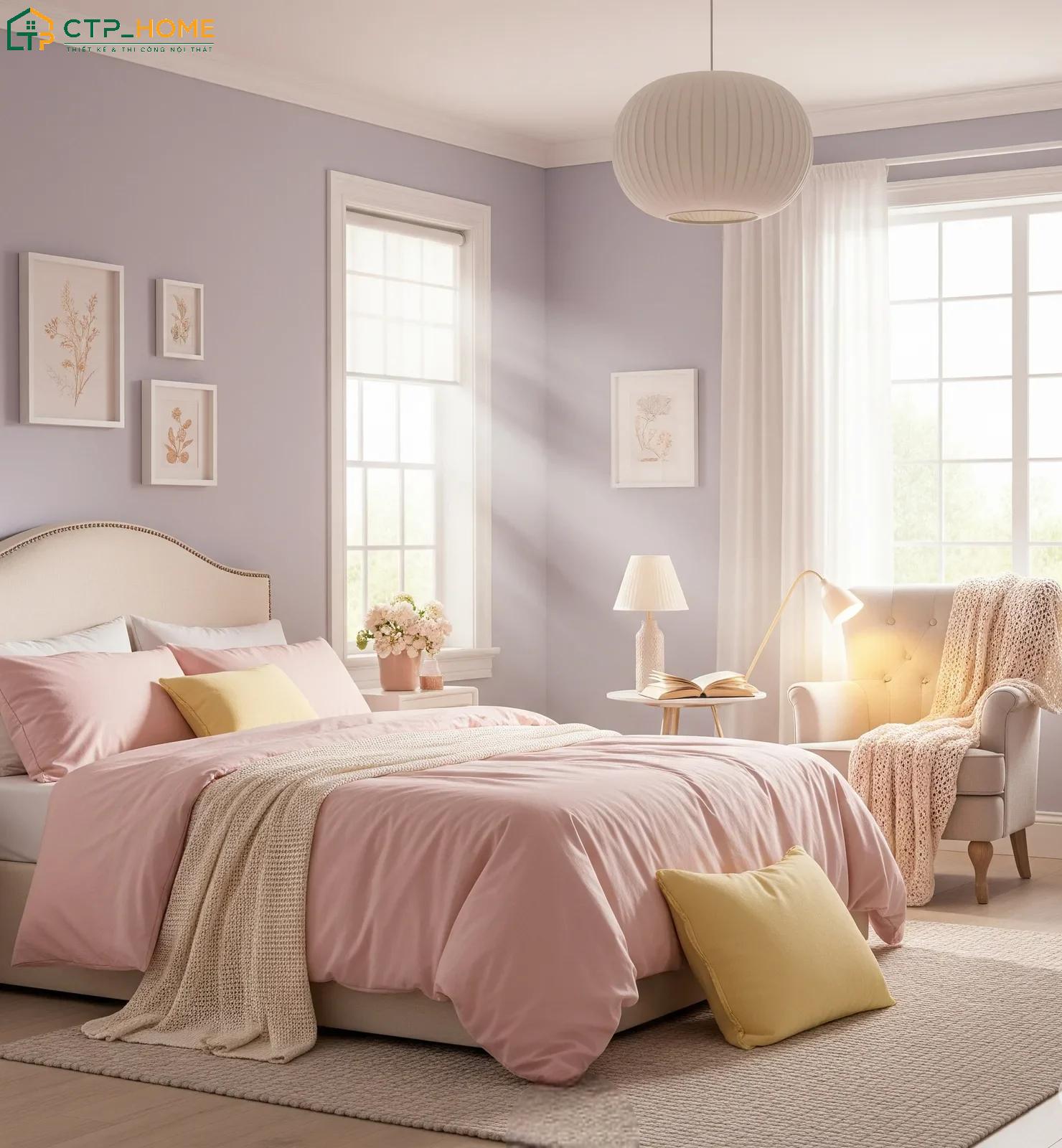Không gian phòng ngủ ngập tràn sắc hồng Pastel dịu nhẹ sẽ đem lại cảm giác bình yên cho gia chủ