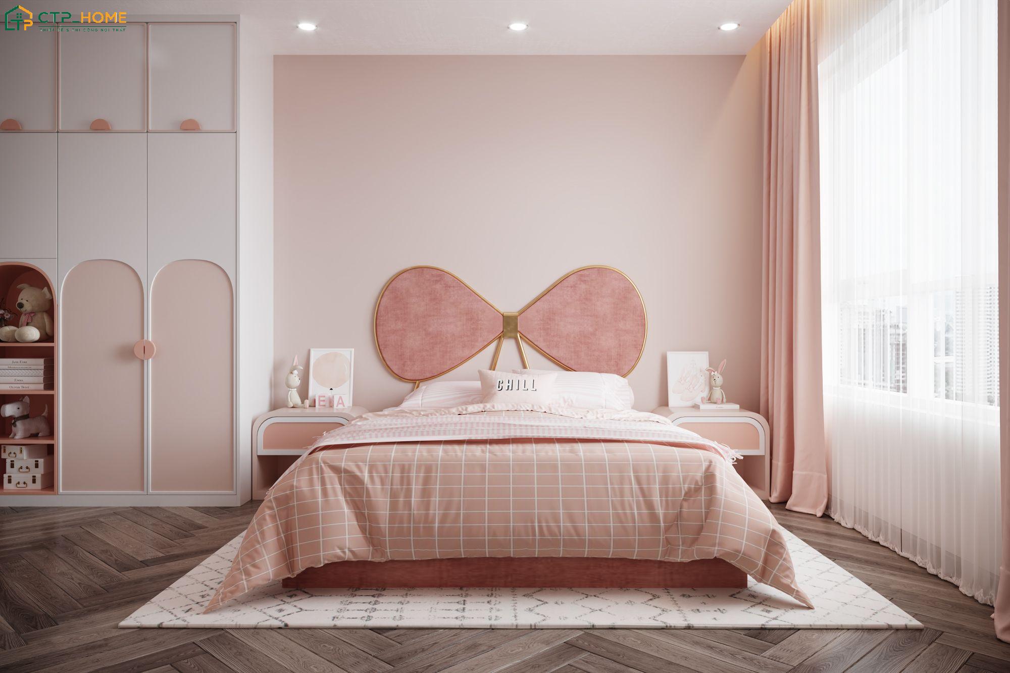 Mẫu decor phòng ngủ màu hồng Pastel với điểm nhấn là chiếc nơ đầu giường vô cùng đáng yêu