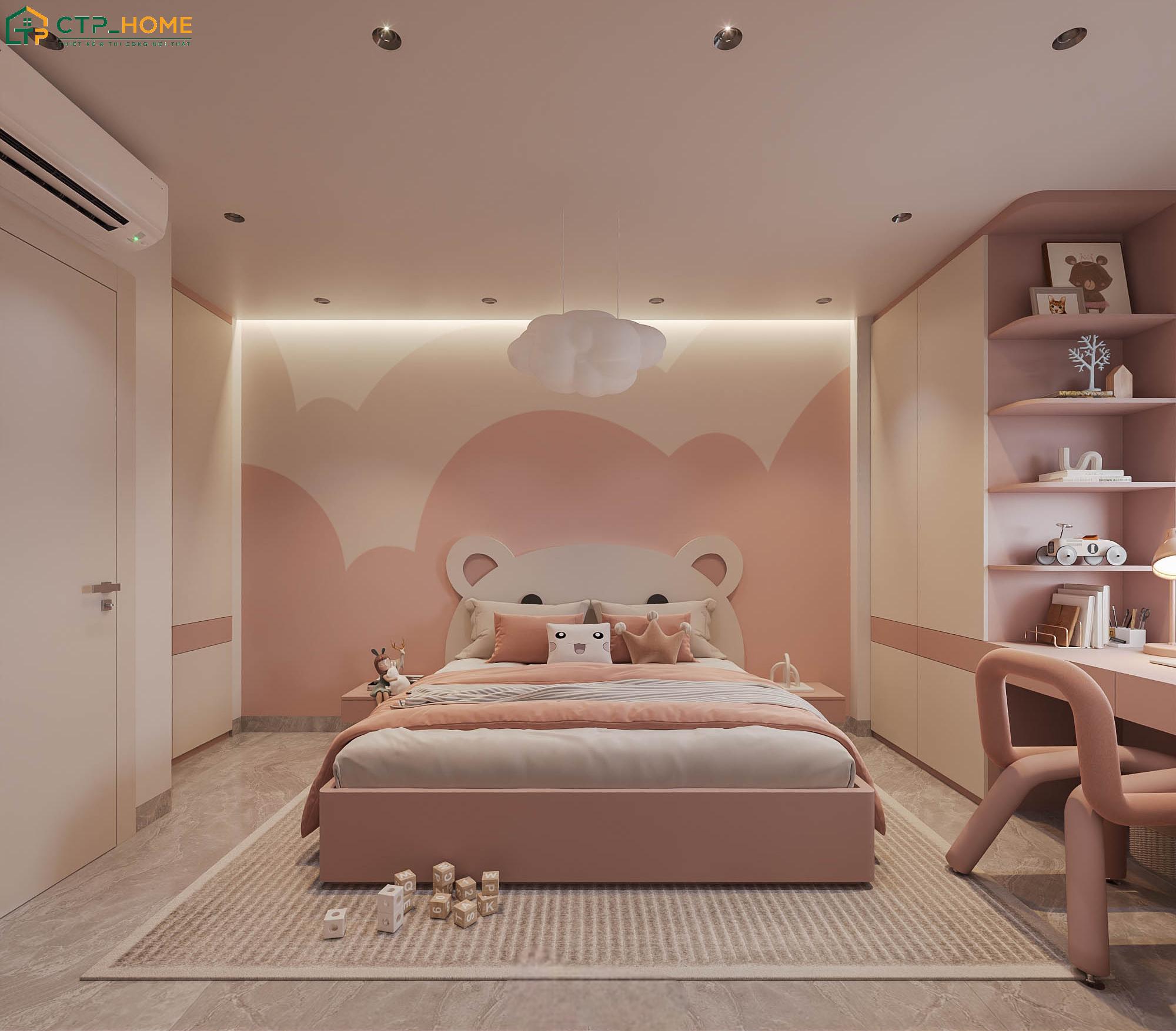 Khu vực đầu giường được bọc nệm cao cấp giúp đem đến vẻ đẹp hiện đại cho phòng ngủ màu hồng
