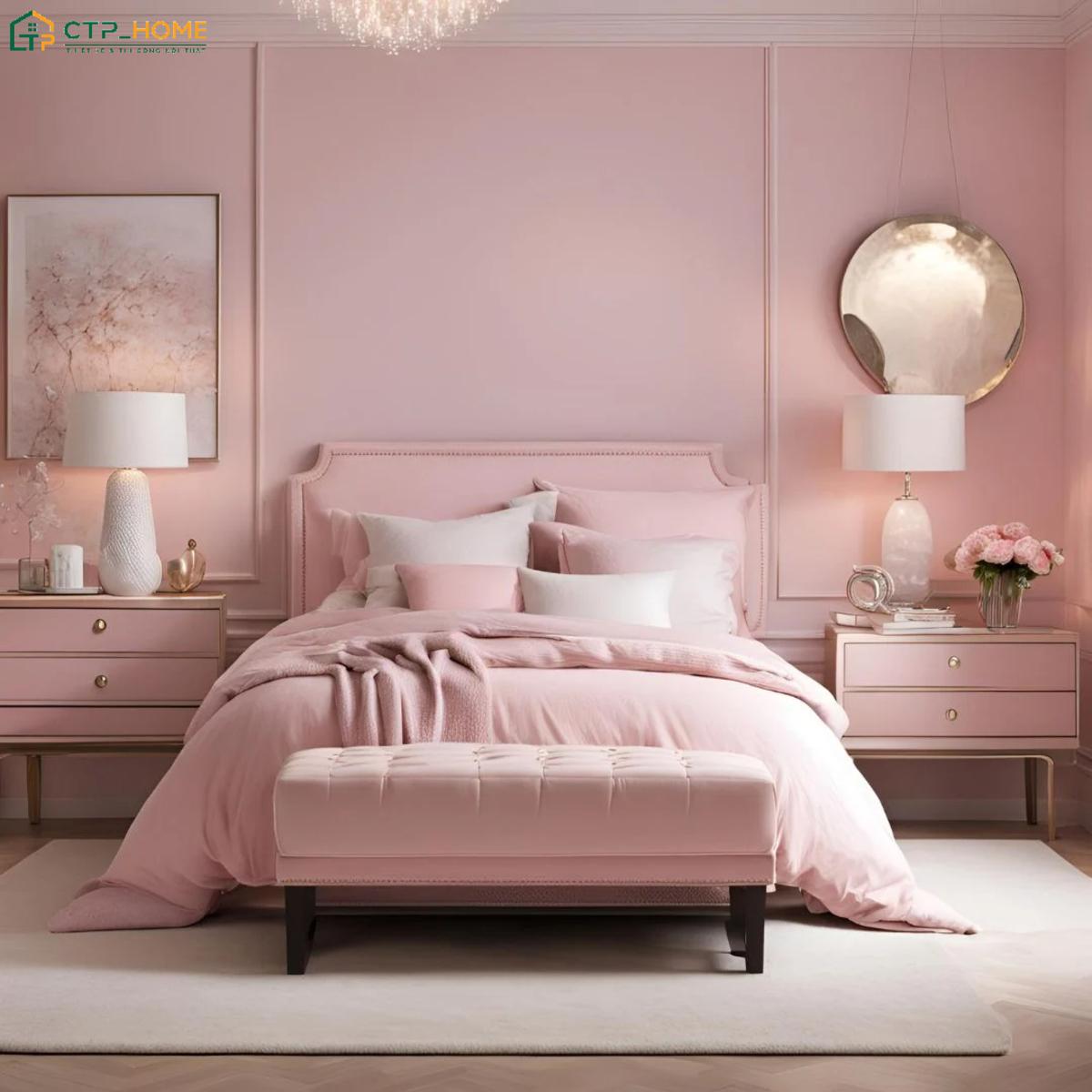 Mẫu phòng ngủ màu hồng đào nổi bật với cách phối màu đồng bộ từ tường cho đến đồ nội thất