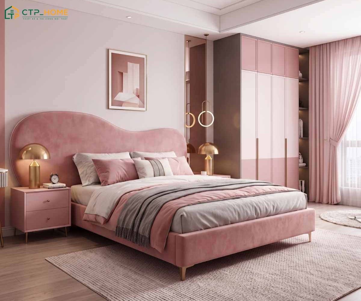 Mẫu phòng ngủ đẹp màu hồng đào được hoàn thiện bằng những chi tiết trang trí mềm mại