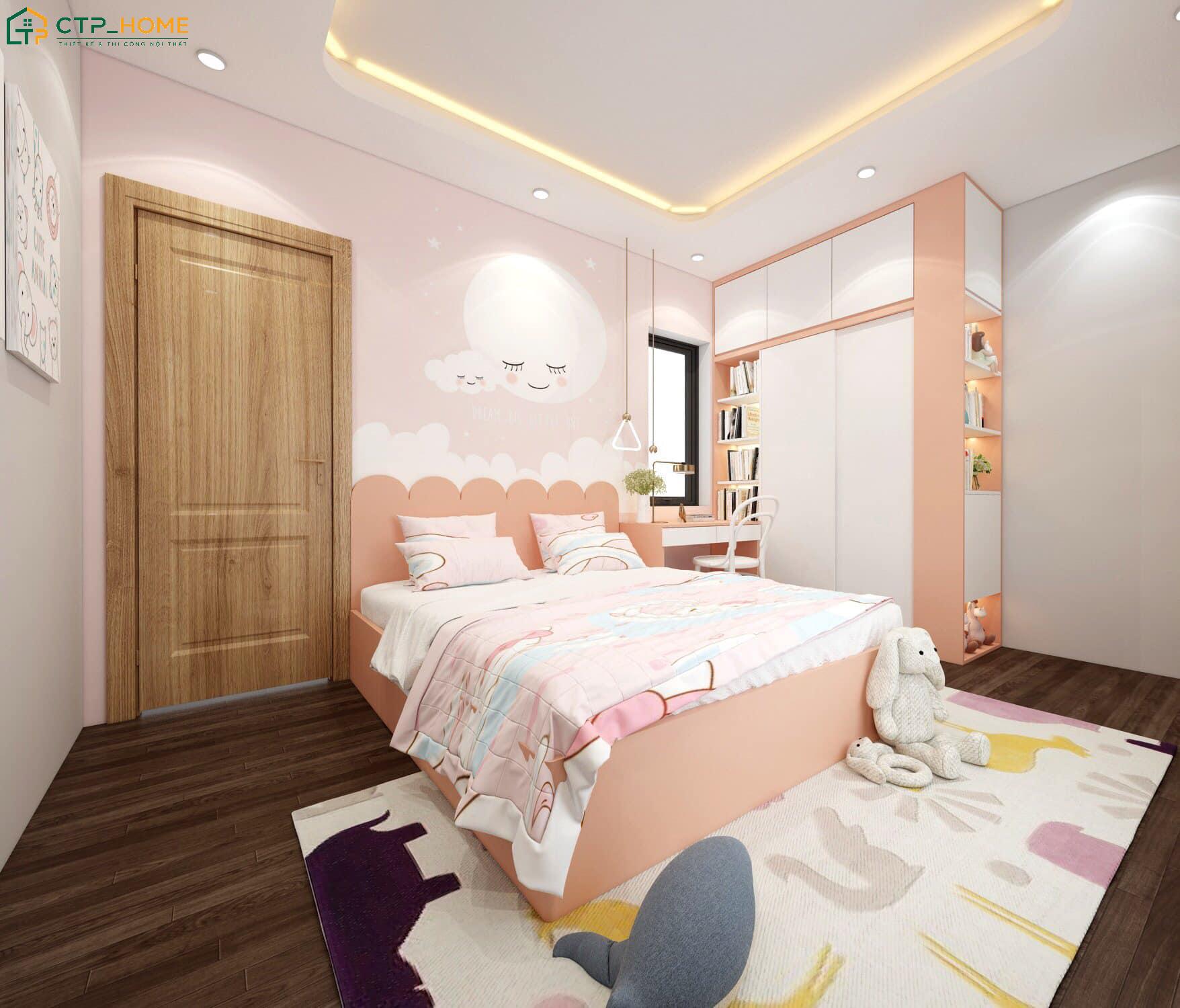 Trang trí phòng ngủ màu hồng kết hợp cam sẽ giúp làm nổi bật các chi tiết trang trí và vật liệu nội thất