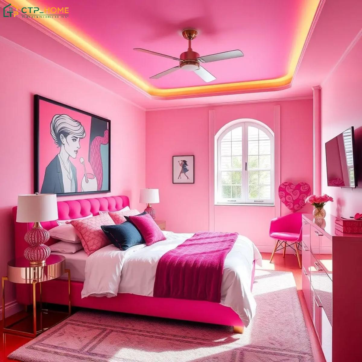 Mẫu decor phòng ngủ màu hồng đậm sẽ tạo điểm nhấn mạnh mẽ để thể hiện gu thẩm mỹ của gia chủ