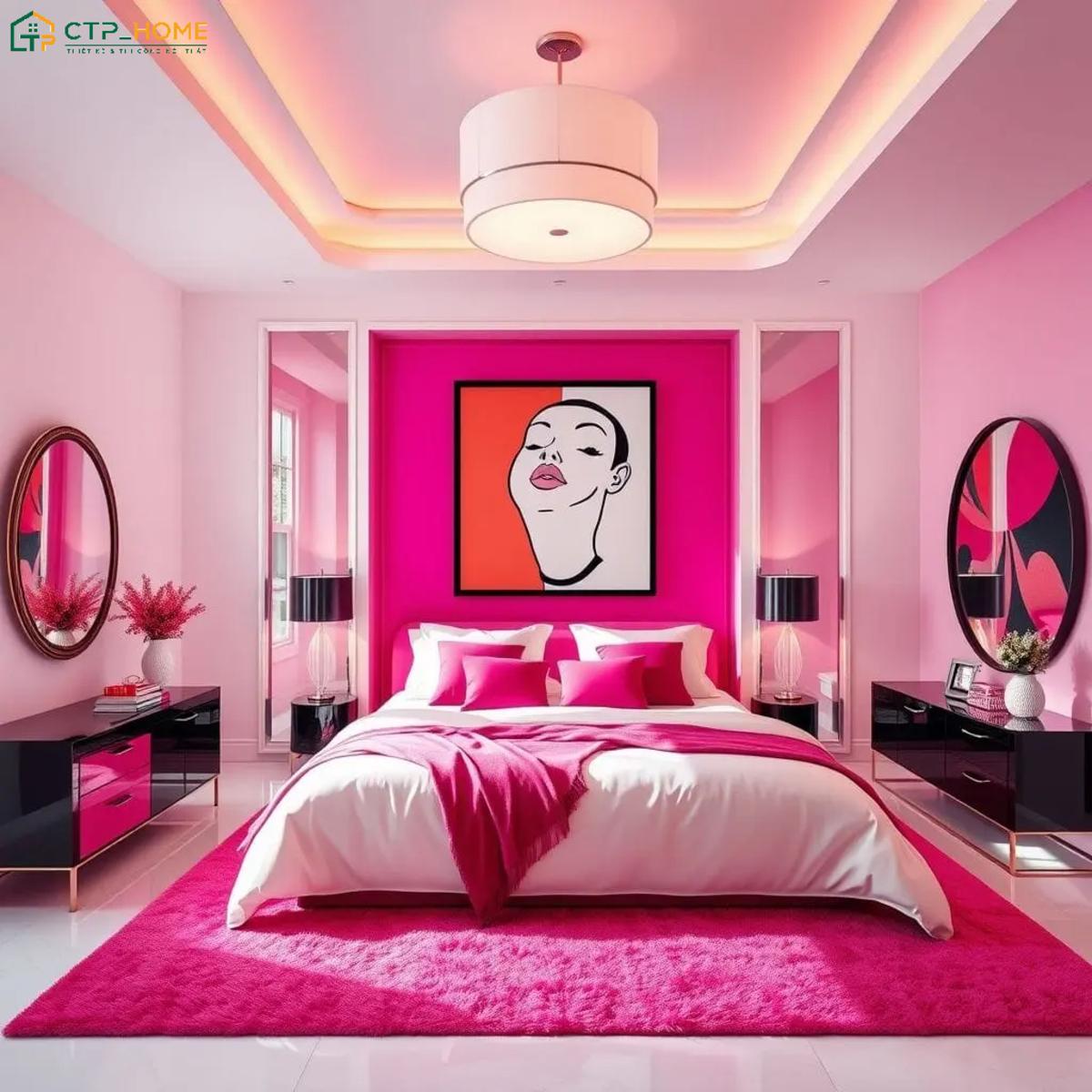 Sắc hồng đậm được phối cùng các gam màu sáng sẽ giúp hạn chế cảm giác nặng nề cho phòng ngủ