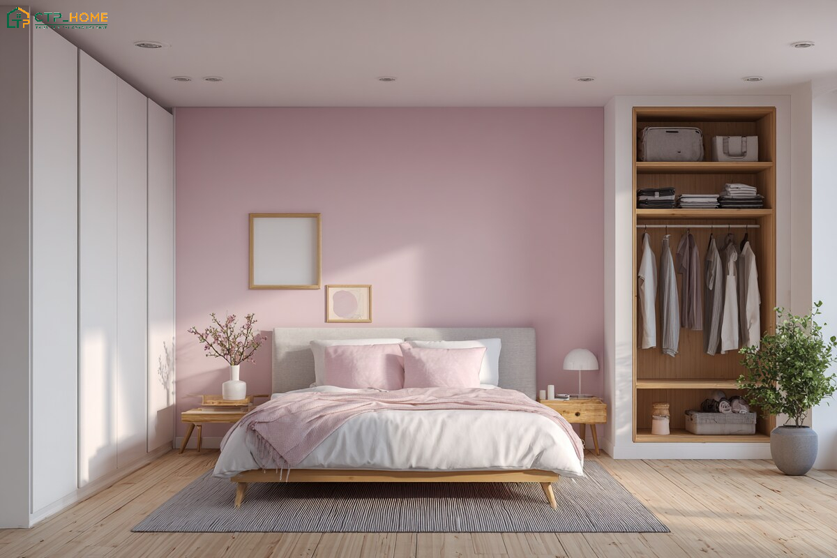 Mẫu thiết kế nội thất phòng ngủ màu hồng nhạt sẽ mang lại cảm giác dễ chịu và thỏa mái