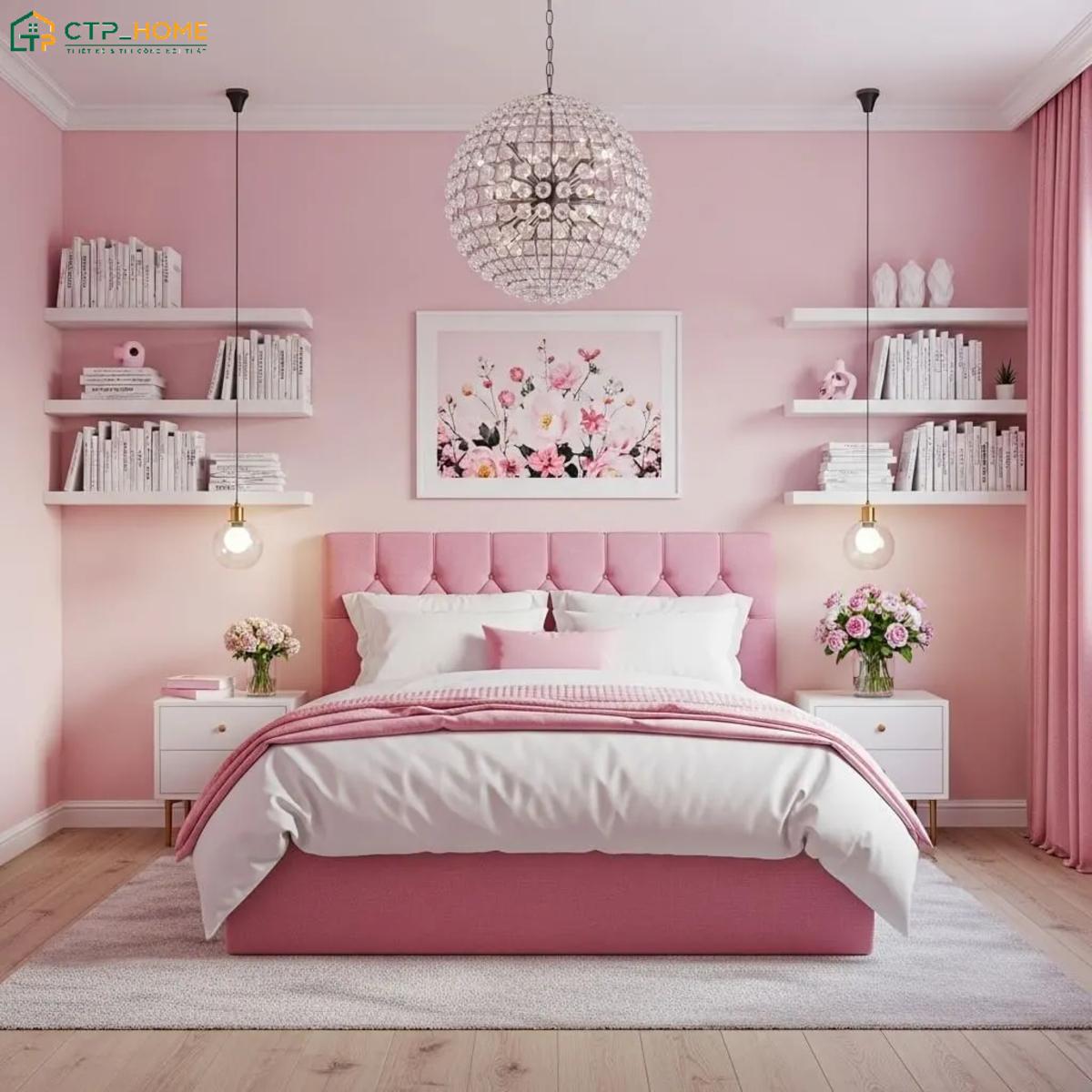 Gam màu hồng nhạt khi kết hợp cùng nội thất tối giản sẽ giúp căn phòng trở nên gọn gàng hơn