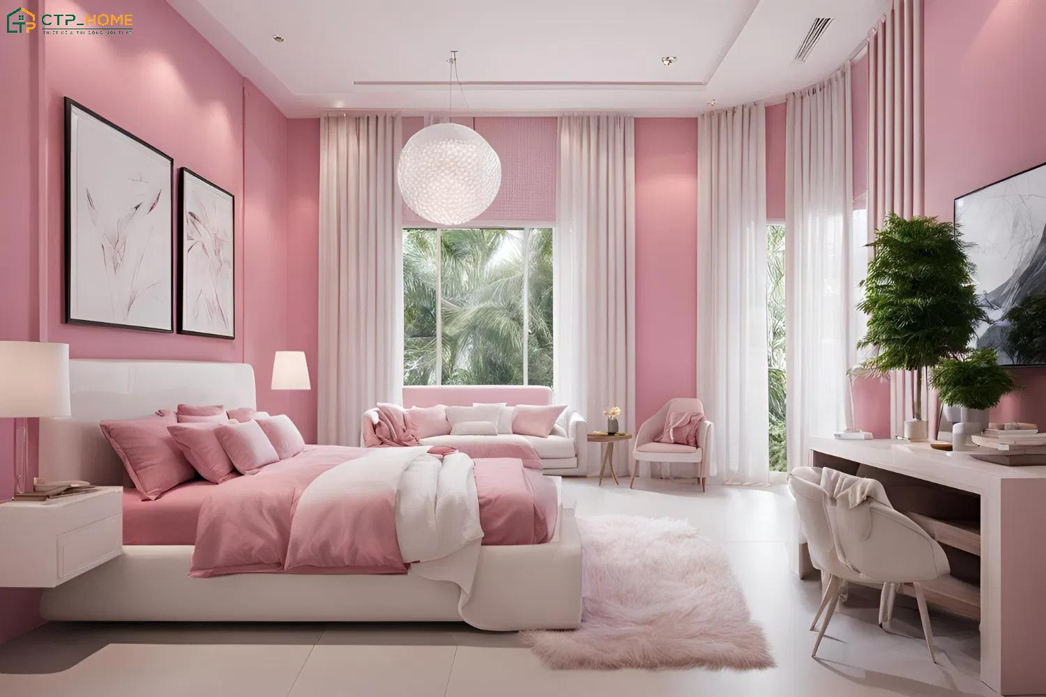 Mẫu thiết kế phòng ngủ đẹp màu hồng với nội thất đồng bộ từ giường ngủ cho đến tủ quần áo