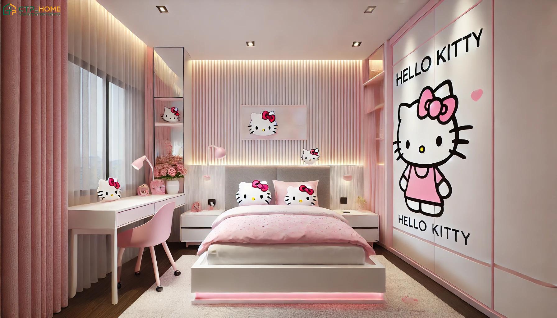 Mẫu phòng ngủ màu hồng Hello Kitty sẽ đem đến vẻ đẹp xinh xắn và đáng yêu cho không gian nghỉ ngơi