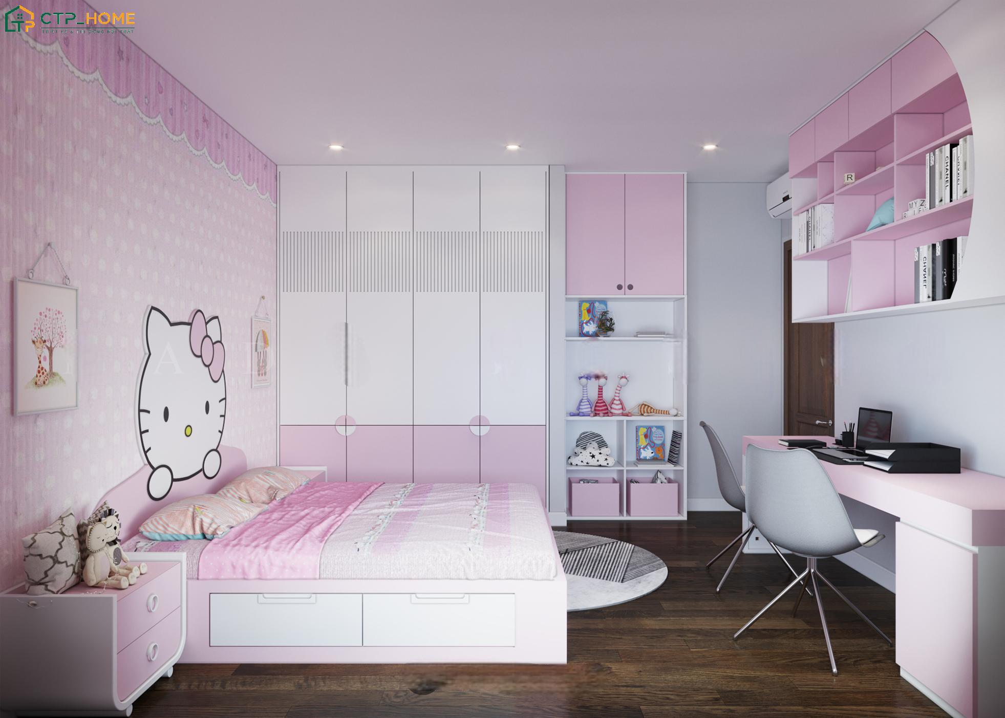 Không gian phòng ngủ với điểm nhấn là bức tranh chủ đề Hello kitty phù hợp với sở thích của bé gái