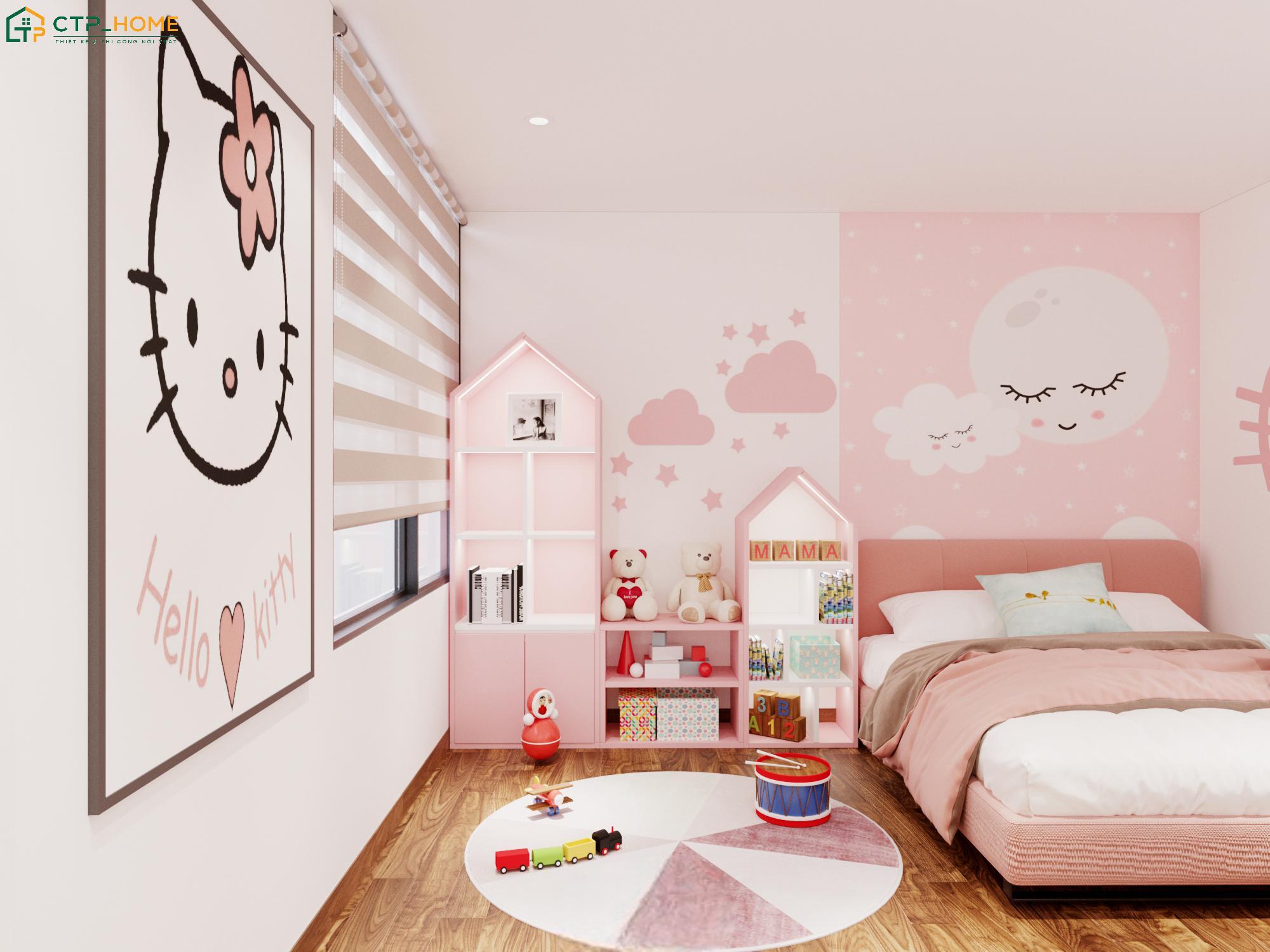 Mẫu phòng ngủ tone hồng Hello Kitty sẽ đem đến không gian riêng bé để học tập, vui chơi và nghỉ ngơi