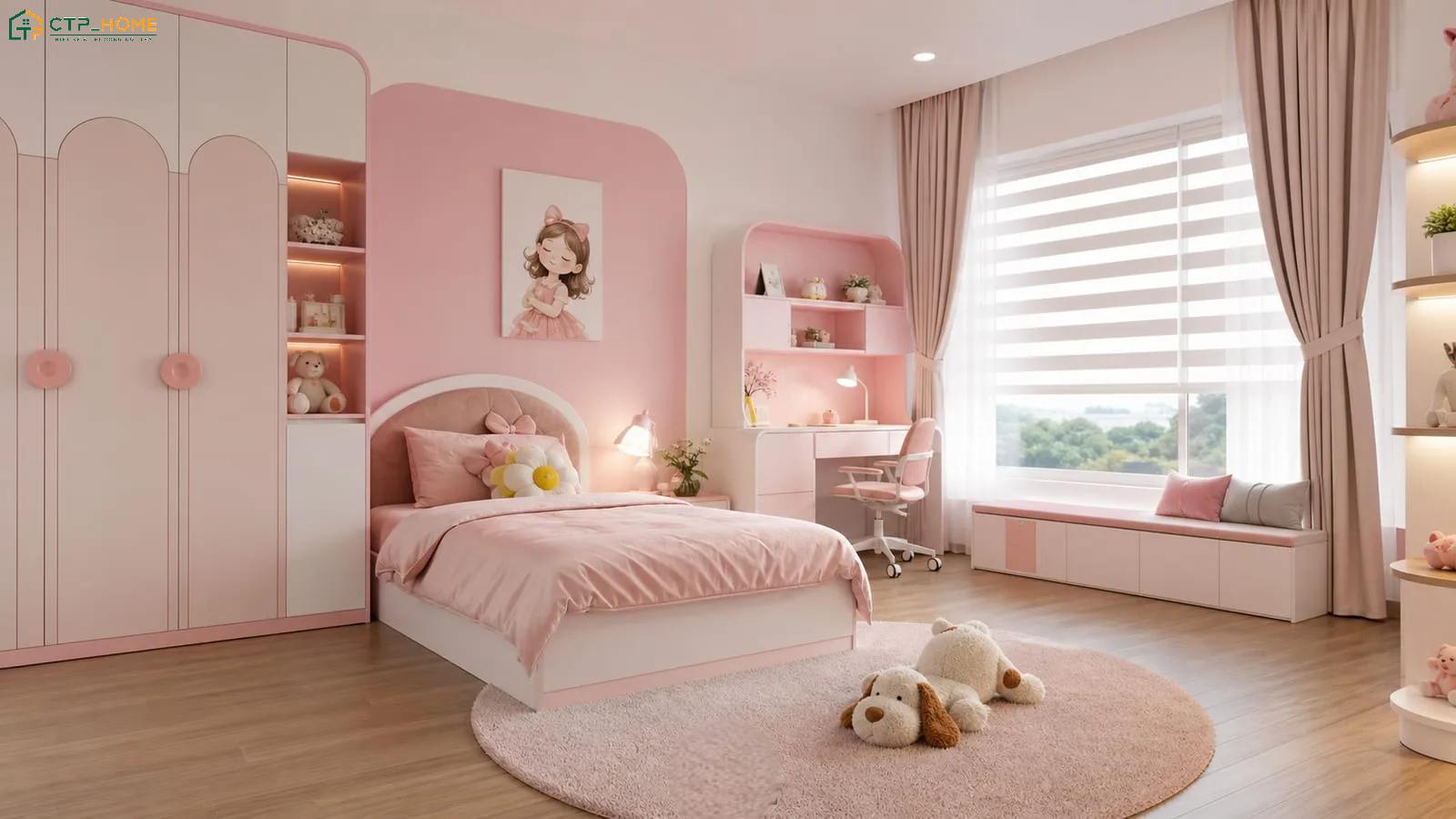 Sự kết hợp hài hòa giữa sắc hồng và các họa tiết quen thuộc sẽ tạo nên một không gian gần gũi cho bé