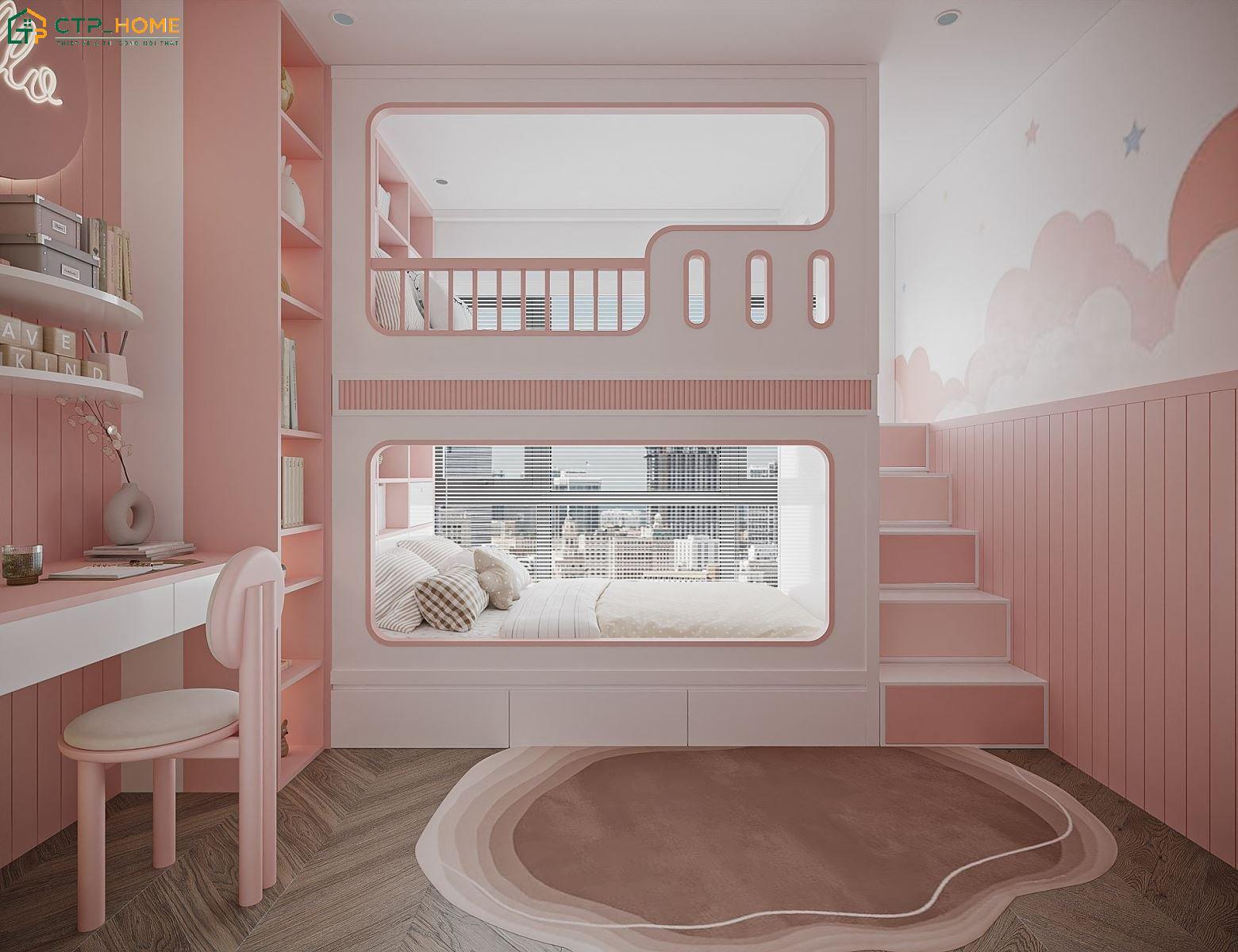 Decor phòng ngủ màu hồng với giường tầng giúp tận dụng tối đa chiều cao để gia tăng không gian sinh hoạt