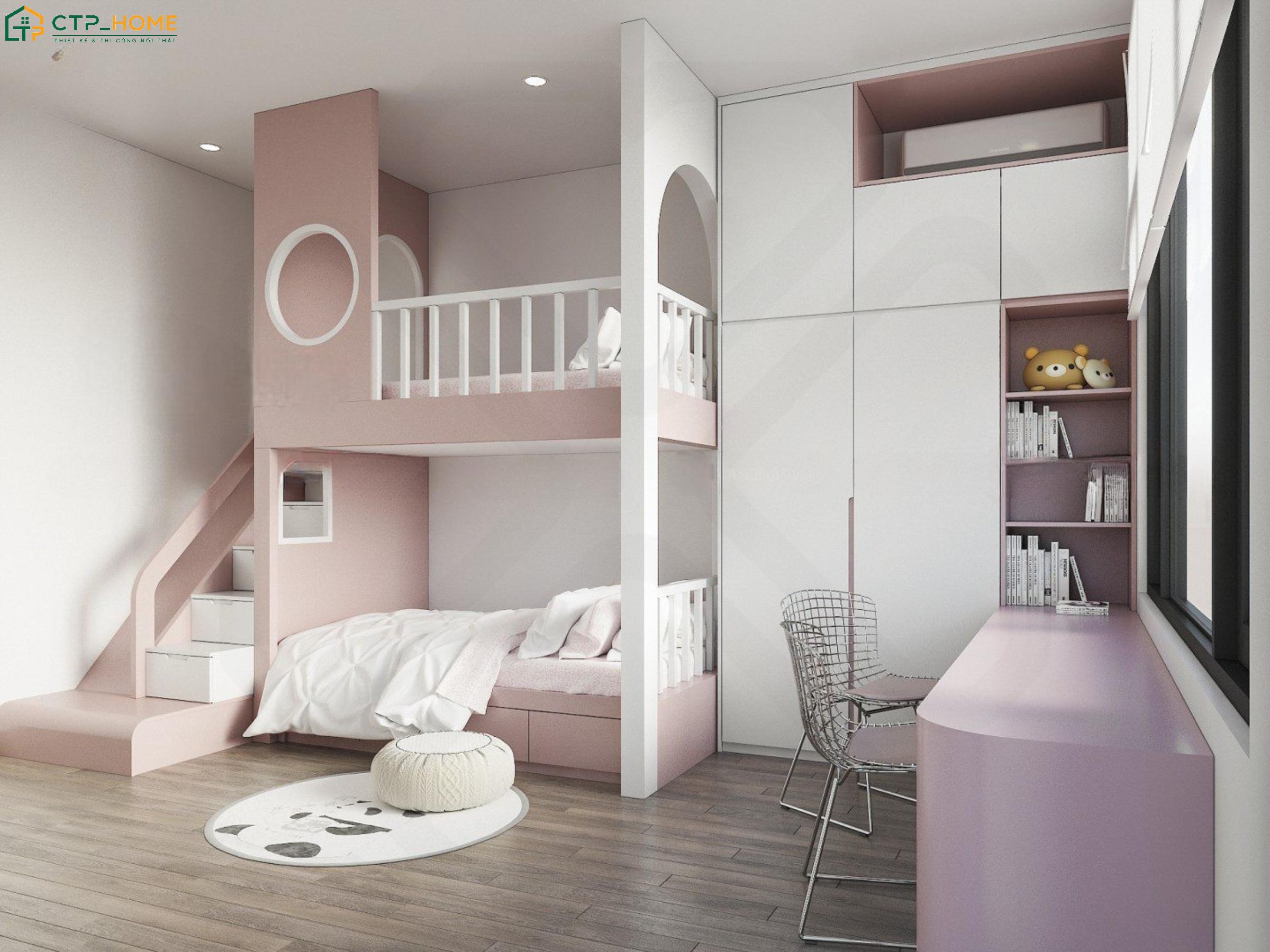 Giường tầng màu hồng được thiết kế chắc chắn giúp phân chia khu vực chức năng rõ ràng