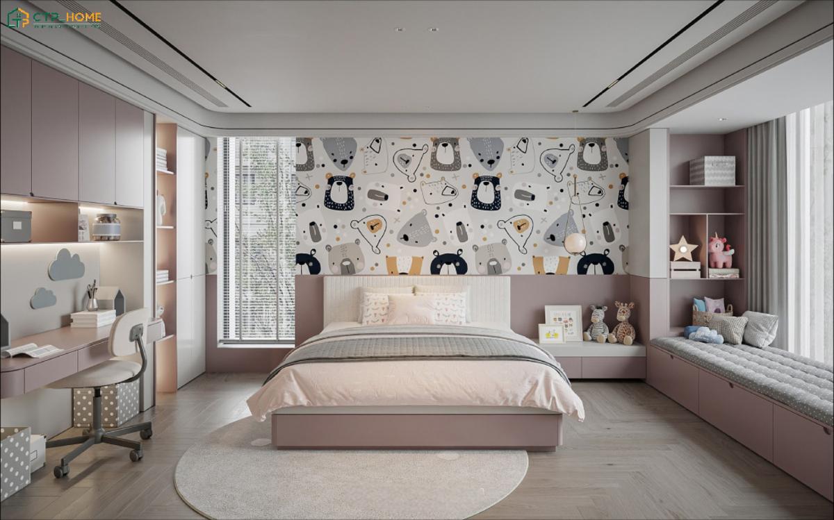 Decor phòng ngủ nhỏ màu hồng với đầy đủ tiện nghi giúp bé có không gian riêng để học tập và vui chơi