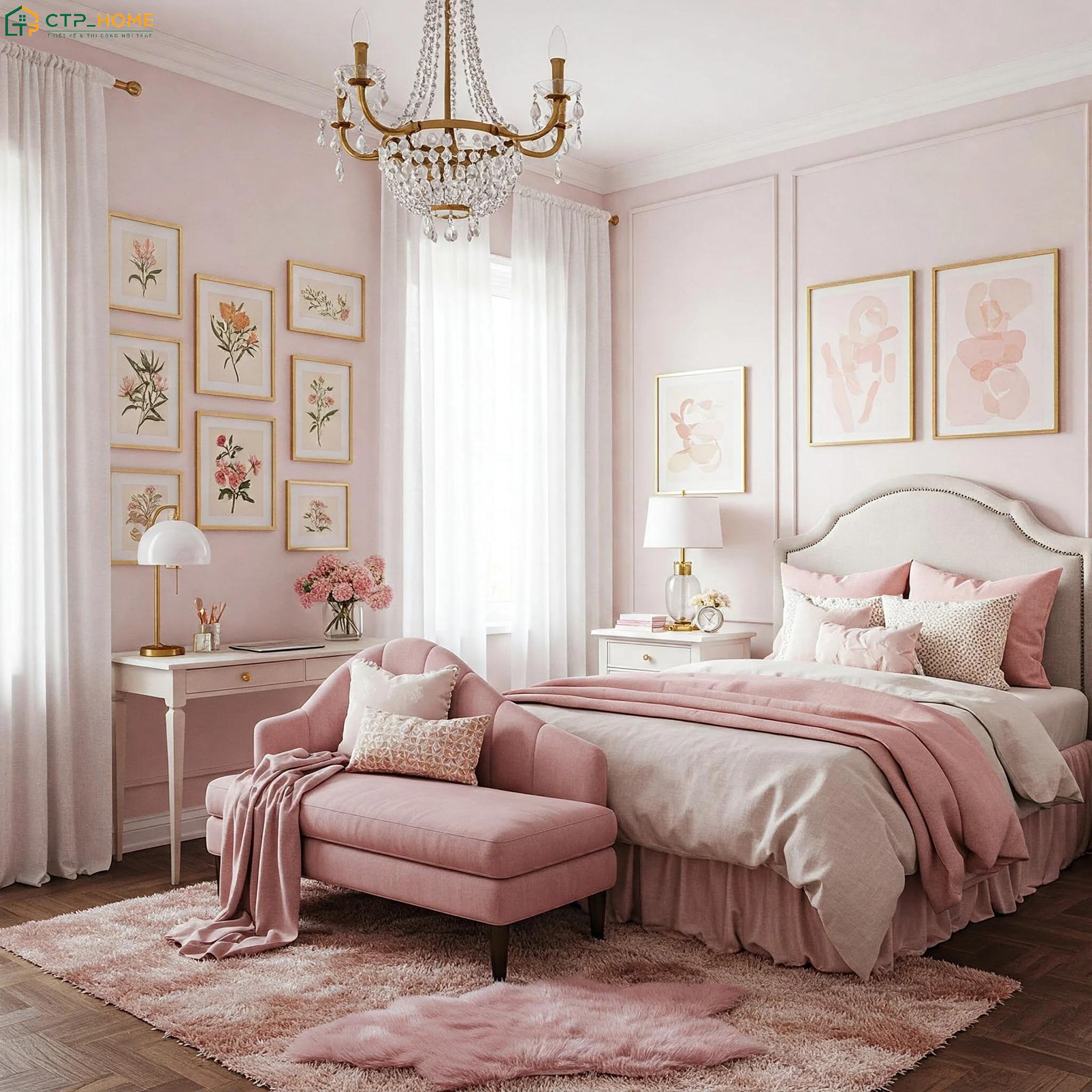 Bố trí ghế sofa trong phòng ngủ màu hồng sẽ tạo nên tạo góc thư giãn lý tưởng cho gia chủ
