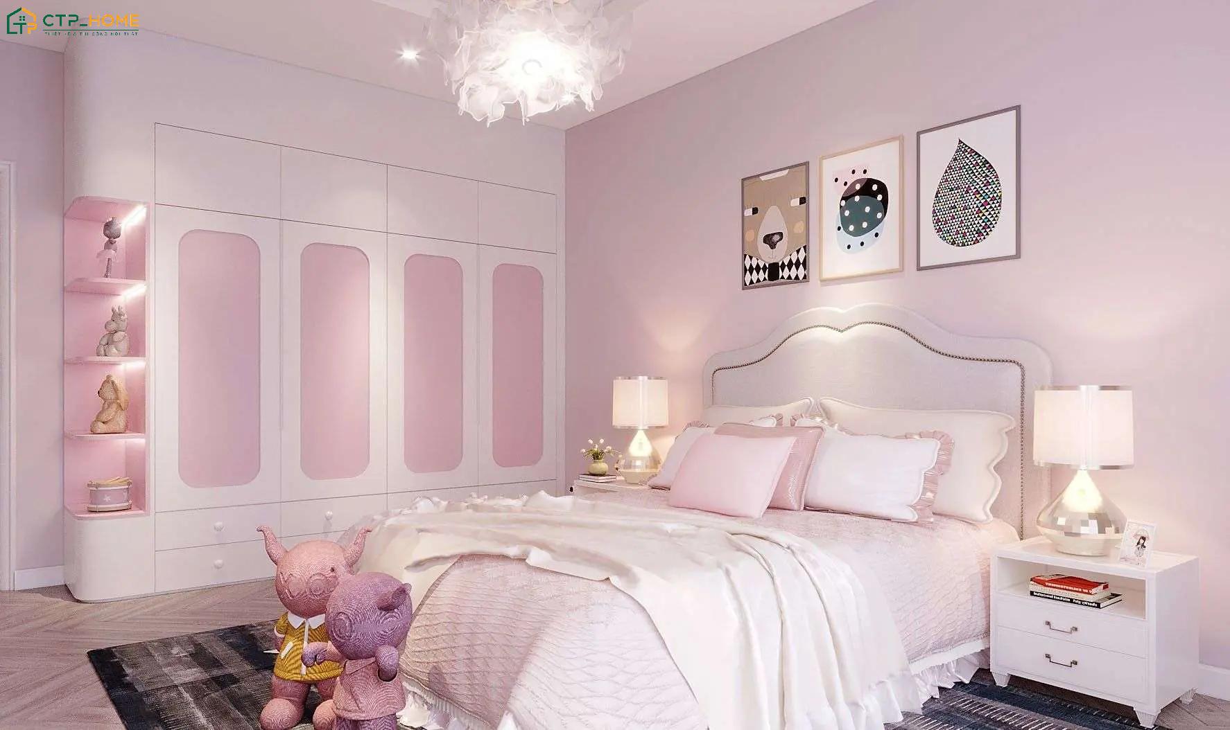 Các món đồ decor như tranh treo tường và tủ mini sẽ giúp tạo điểm nhấn cho phòng màu hồng