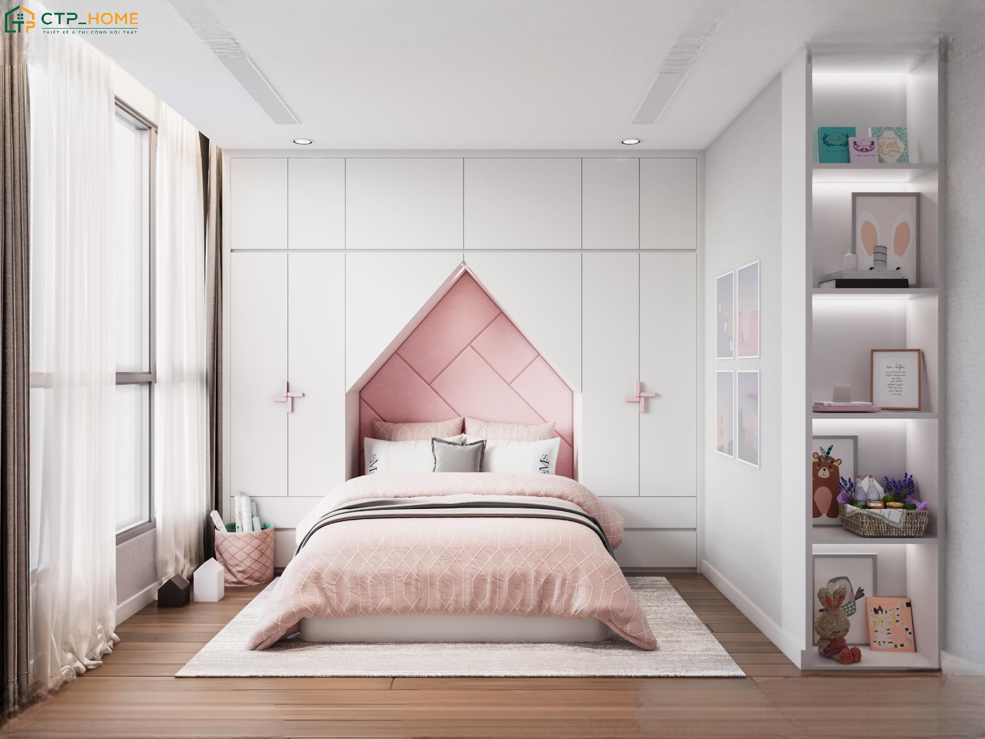 Hệ tủ kịch trần kết hợp bàn trang điểm nhỏ gọn sẽ giúp phòng ngủ đơn giản màu hồng trở nên gọn gàng hơn