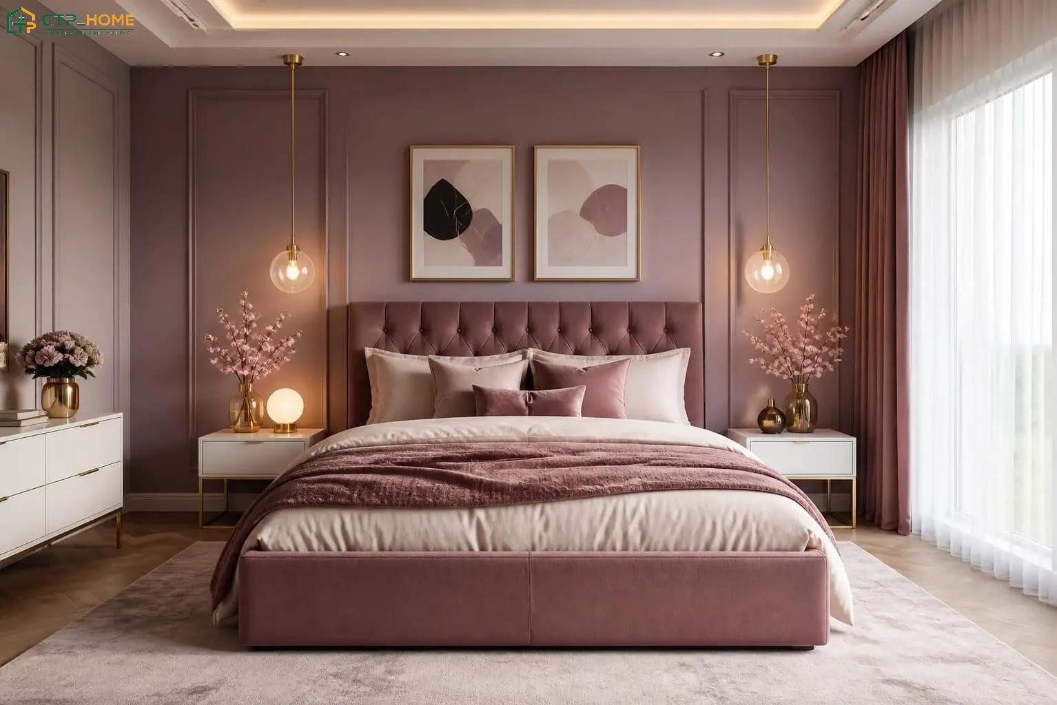 Đường nét phào chỉ tinh tế kết hợp cùng gam màu hồng ngọt ngào sẽ tạo nên vẻ đẹp quý phái của phòng ngủ tân cổ điển