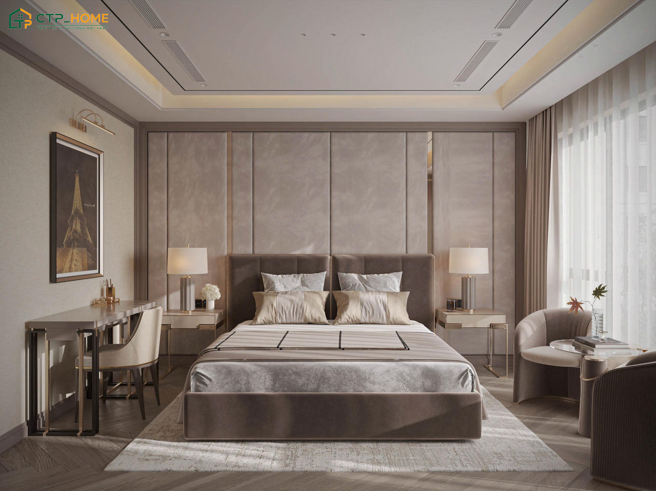 Không gian phòng ngủ tone kem Luxury sẽ được bố trí khoa học để đảm bảo sự thuận tiện khi sử dụng