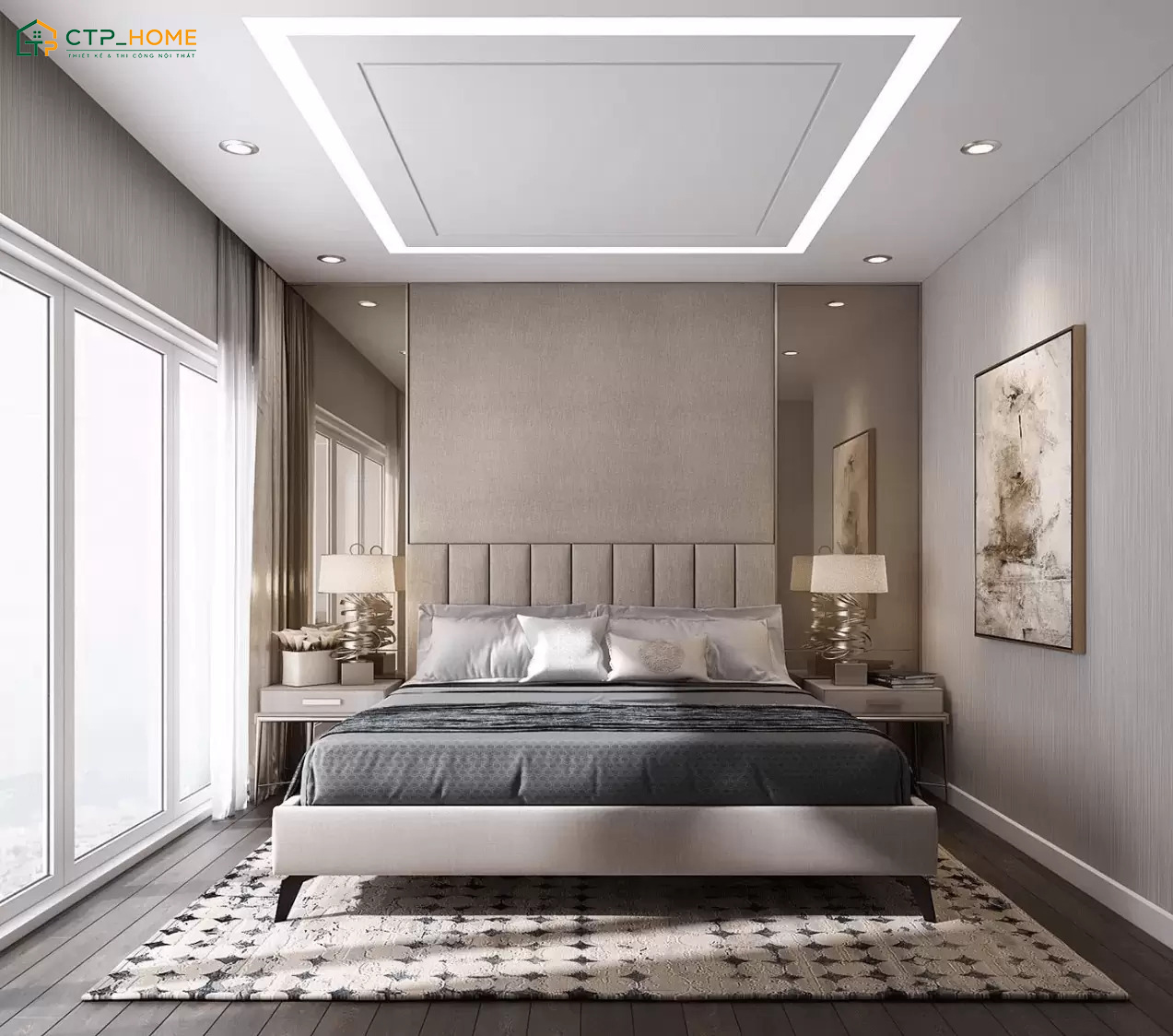 Mẫu phòng ngủ tone kem kết hợp ánh đèn vàng sẽ giúp tạo nên một không gian nghỉ ngơi ấm áp và dễ chịu