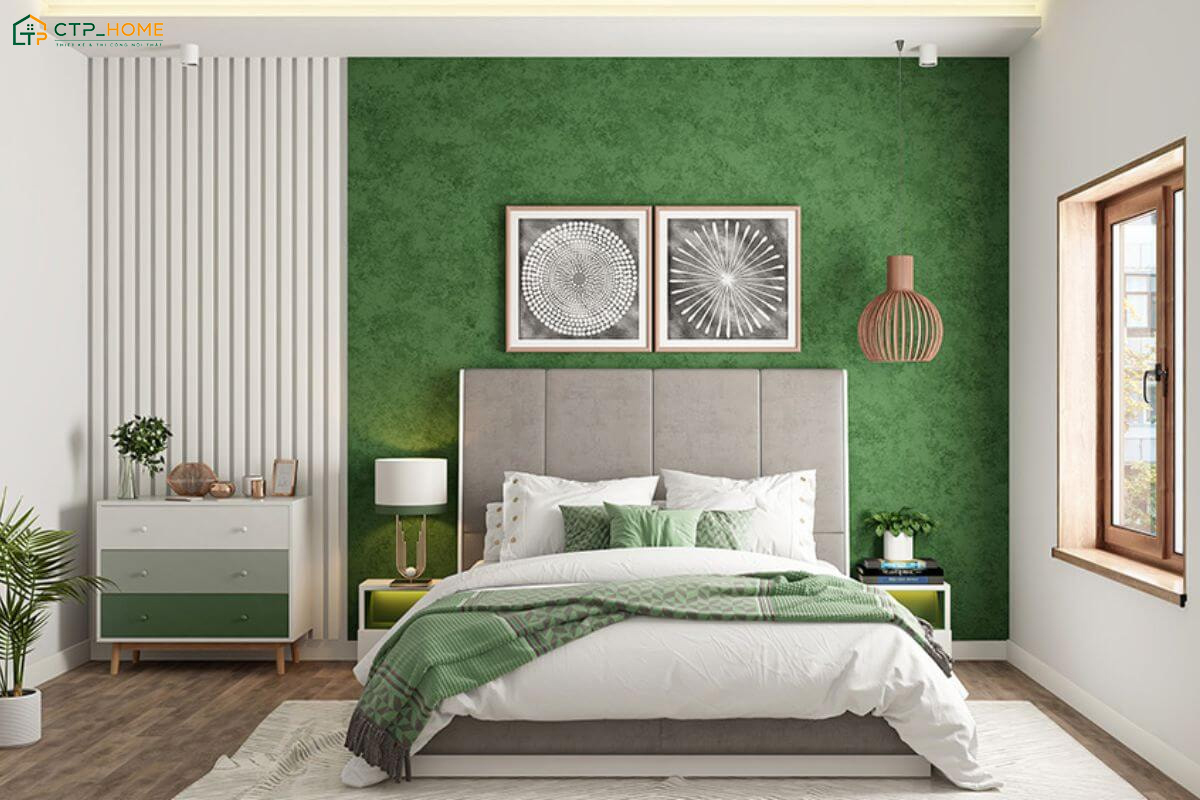 Mẫu thiết kế phòng ngủ tone kem kết hợp xanh lá sẽ đem đến cảm giác gần gũi hơn với thiên nhiên