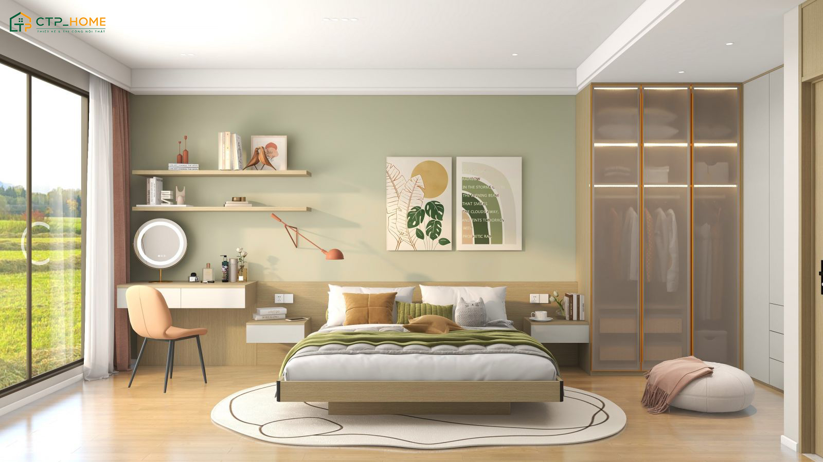 Việc sử dụng gam màu xanh phù hợp sẽ giúp phòng ngủ màu kem trở nên trẻ trung và năng động hơn