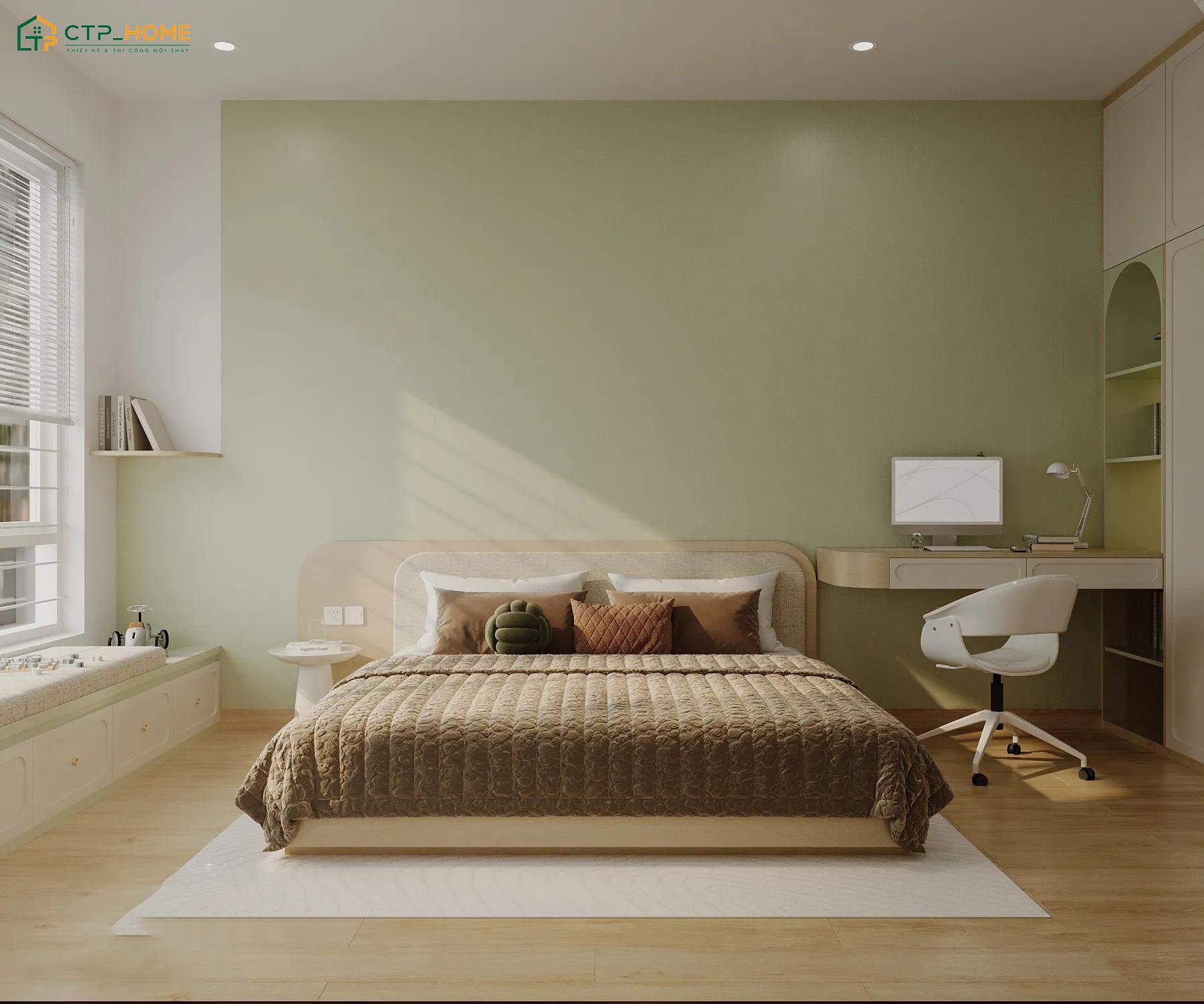 Gia chủ có thể sử dụng màu xanh vào các chi tiết như ga giường, rèm cửa hoặc gối tựa để tạo điểm nhấn