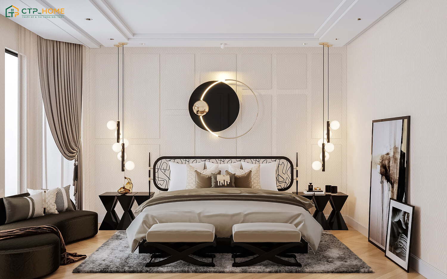 Mẫu phòng ngủ màu kem kết hợp đen với nét đẹp độc đáo nên được nhiều gia chủ yêu thích
