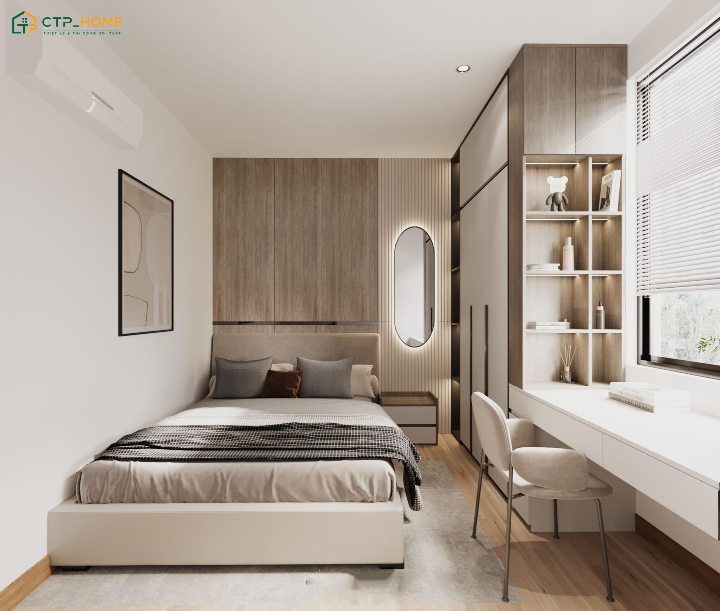 Sử dụng tủ quần áo kịch trần sẽ giúp tận dụng tối đa diện tích lưu trữ cho phòng ngủ tone kem