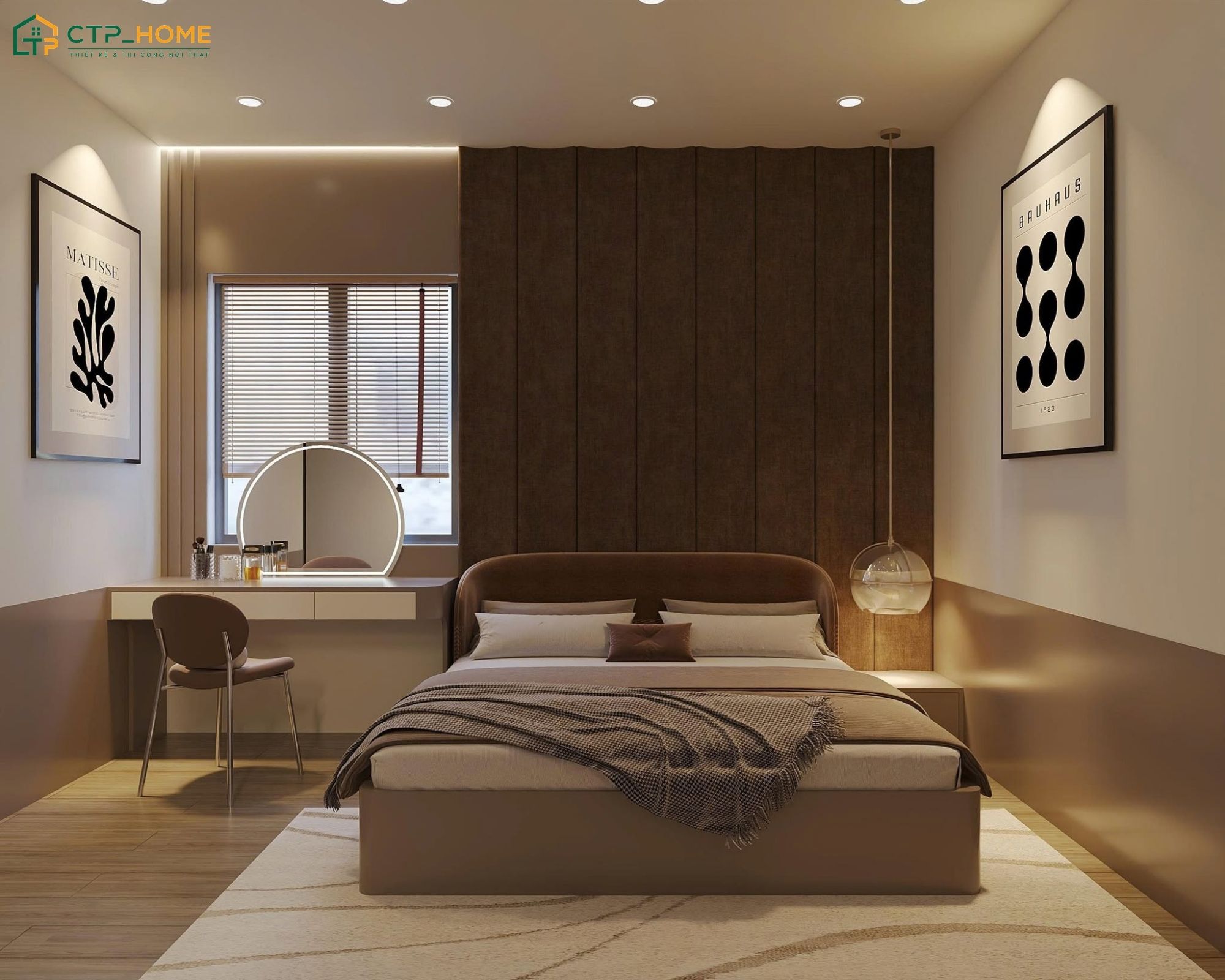 Mẫu phòng ngủ màu nâu vàng kết hợp với nội thất gỗ tự nhiên sẽ tạo cảm giác gần gũi hơn