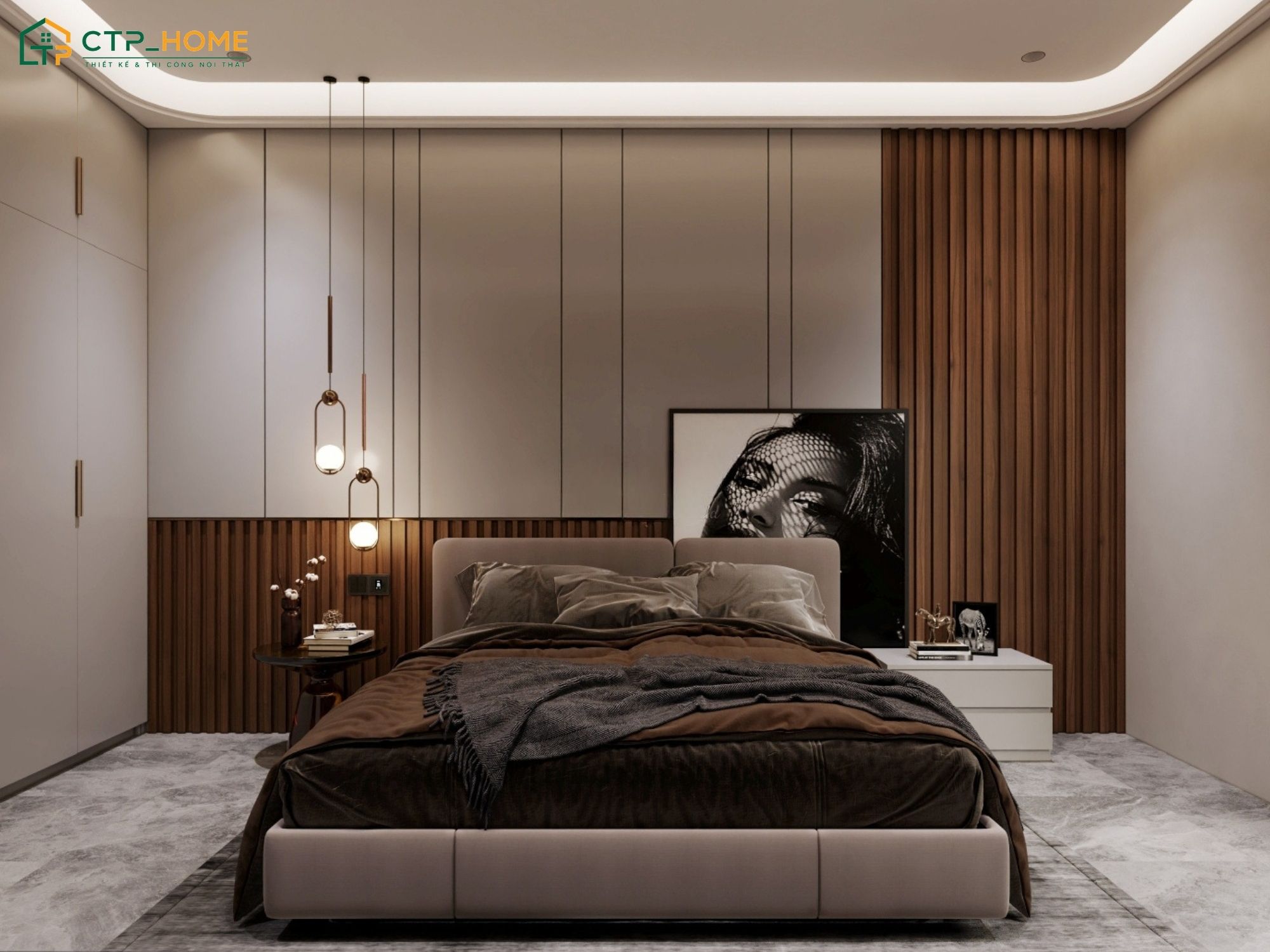 Mẫu phòng ngủ tone màu nâu đất kết hợp với ánh sáng vàng sẽ tạo cảm giác gần gũi và thân quen hơn
