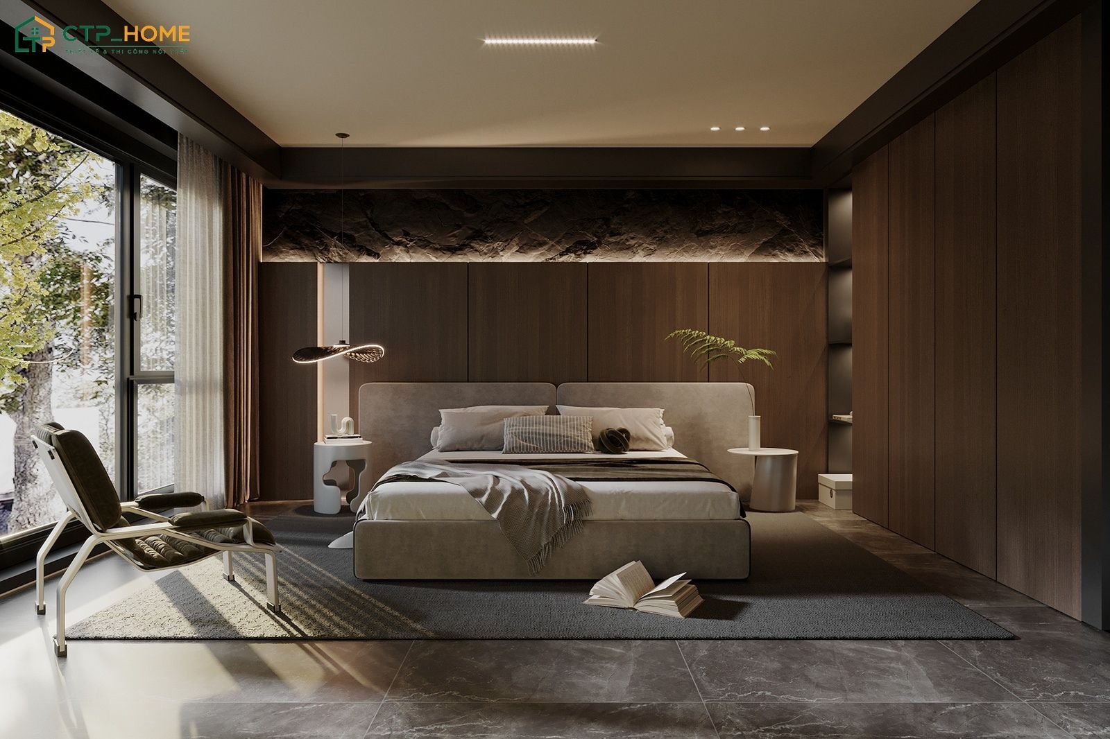 Mẫu phòng ngủ nâu đất thường ưu tiên đường nét trang trí tối giản để đem lại sự thoải mái khi nghỉ ngơi