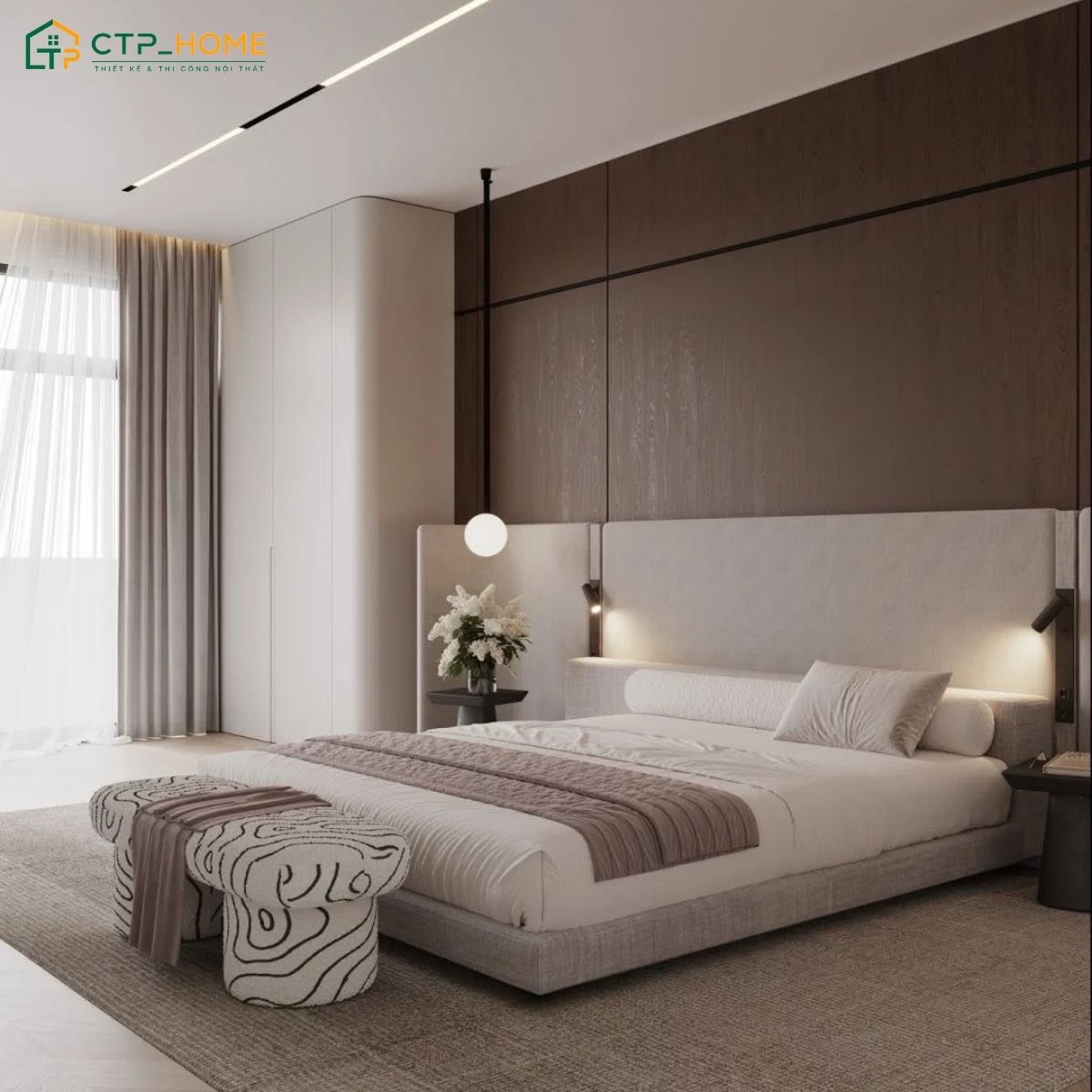 Mẫu thiết kế phòng ngủ tone nâu Capuchino cách bài trí tinh tế giúp đáp ứng tốt nhu cầu sử dụng