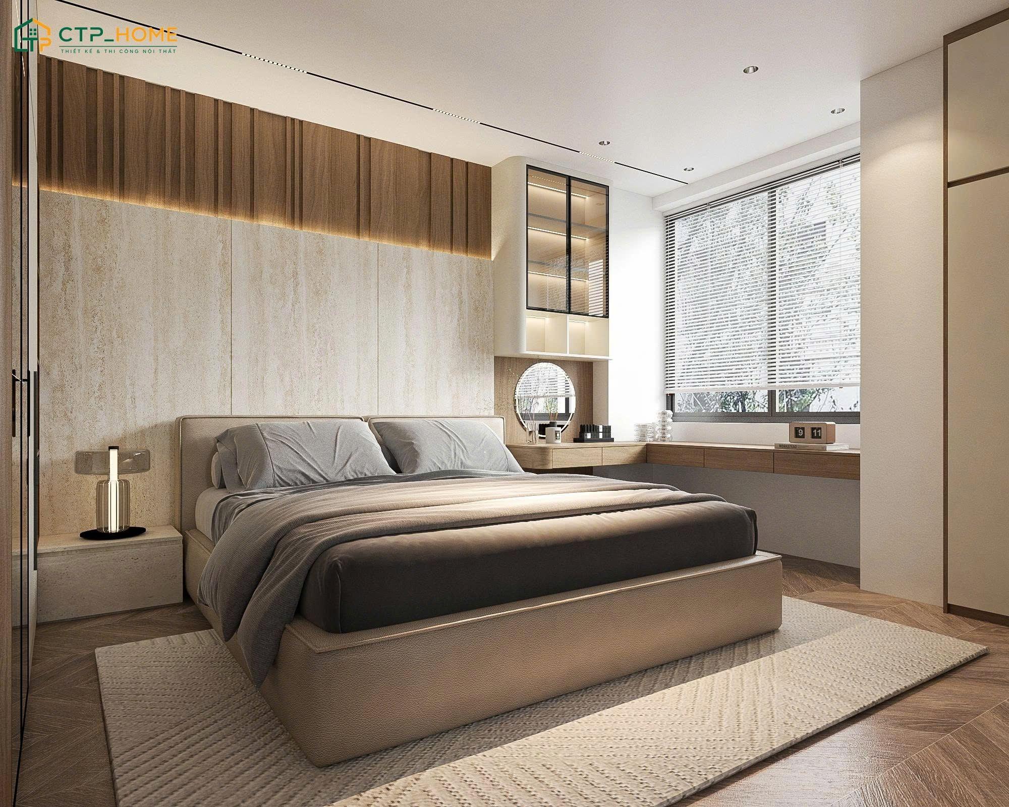 Phong cách hiện đại thường sử dụng màu nâu cho các hạng mục nội thất cơ bản như giường ngủ, tủ quần áo