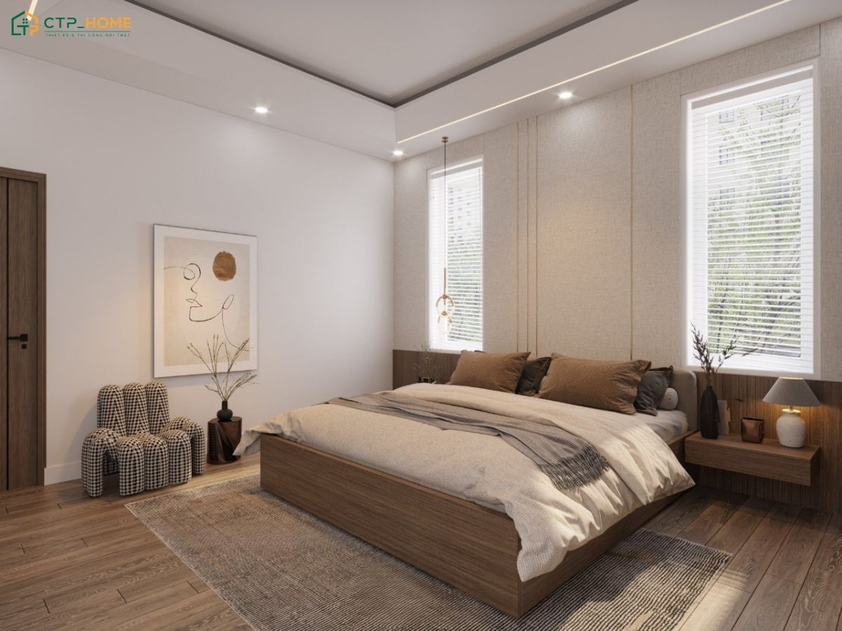 Mẫu phòng ngủ tone nâu hiện đại sẽ kết hợp với nội thất gỗ để đem đến một không gian ấm áp và tiện nghi