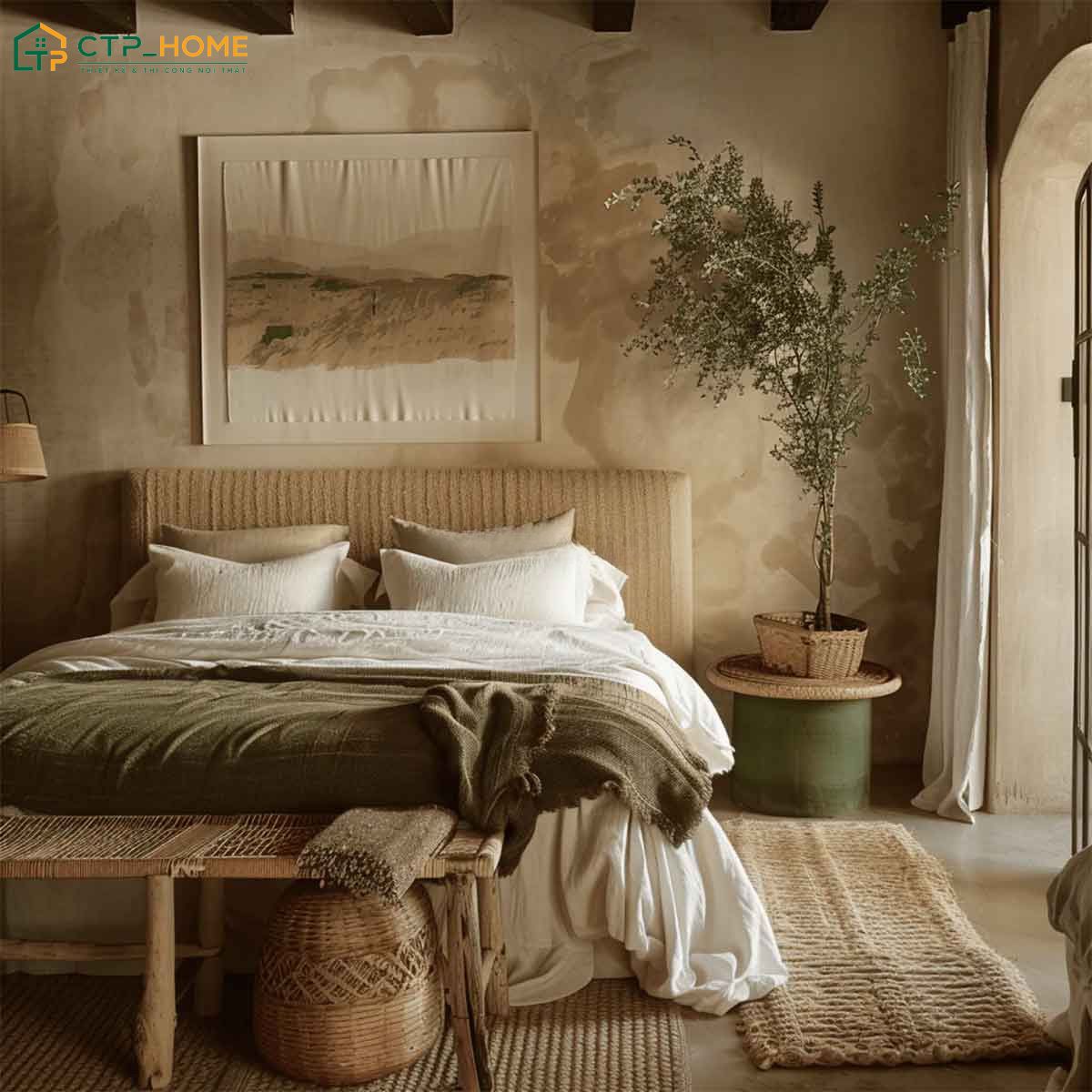 Không gian phòng ngủ nâu Vintage nổi bật với chất liệu linen, cotton và những món đồ mang dấu ấn của thời gian