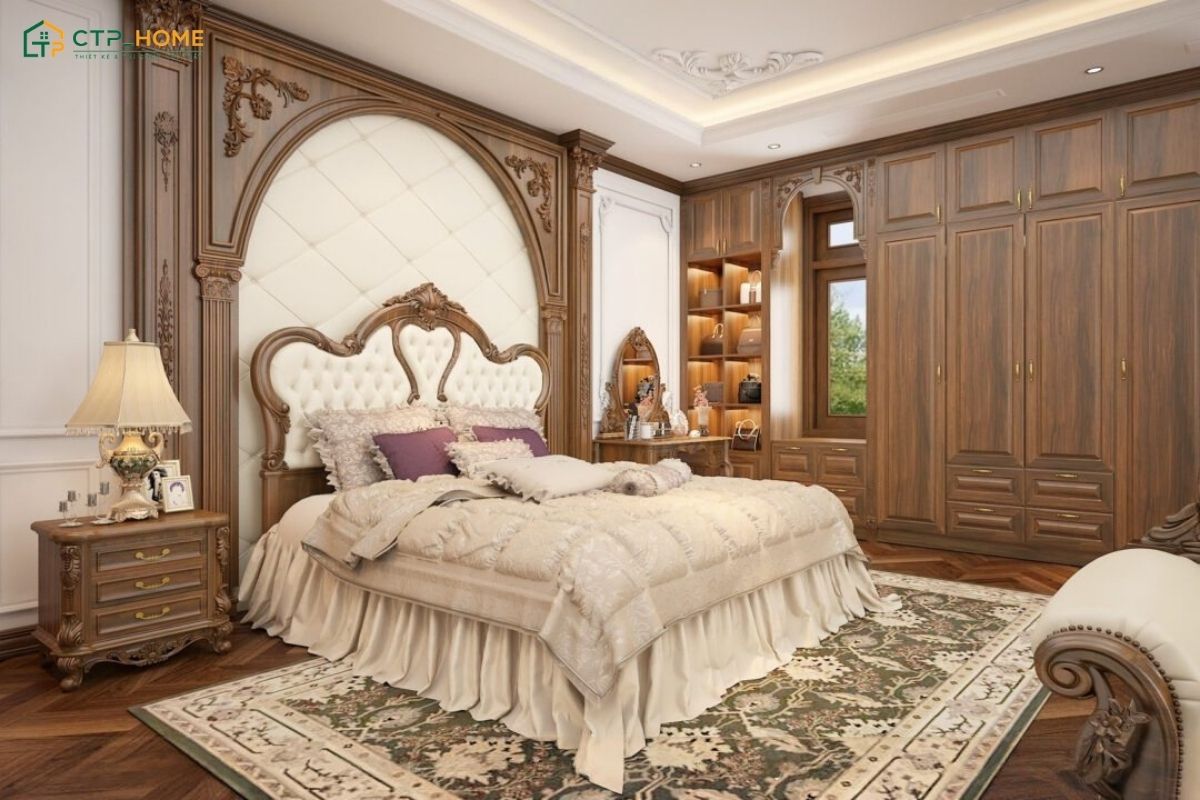Phong cách tân cổ điển thường sử dụng họa tiết tinh xảo để tạo nên một không gian nghỉ ngơi sang trọng và quý phái