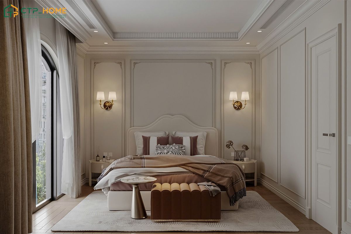 Mẫu thiết kế phòng ngủ tone màu nâu tạo ấn tượng với hệ thống phào chỉ tinh xảo và các chi tiết trang trí cầu kỳ