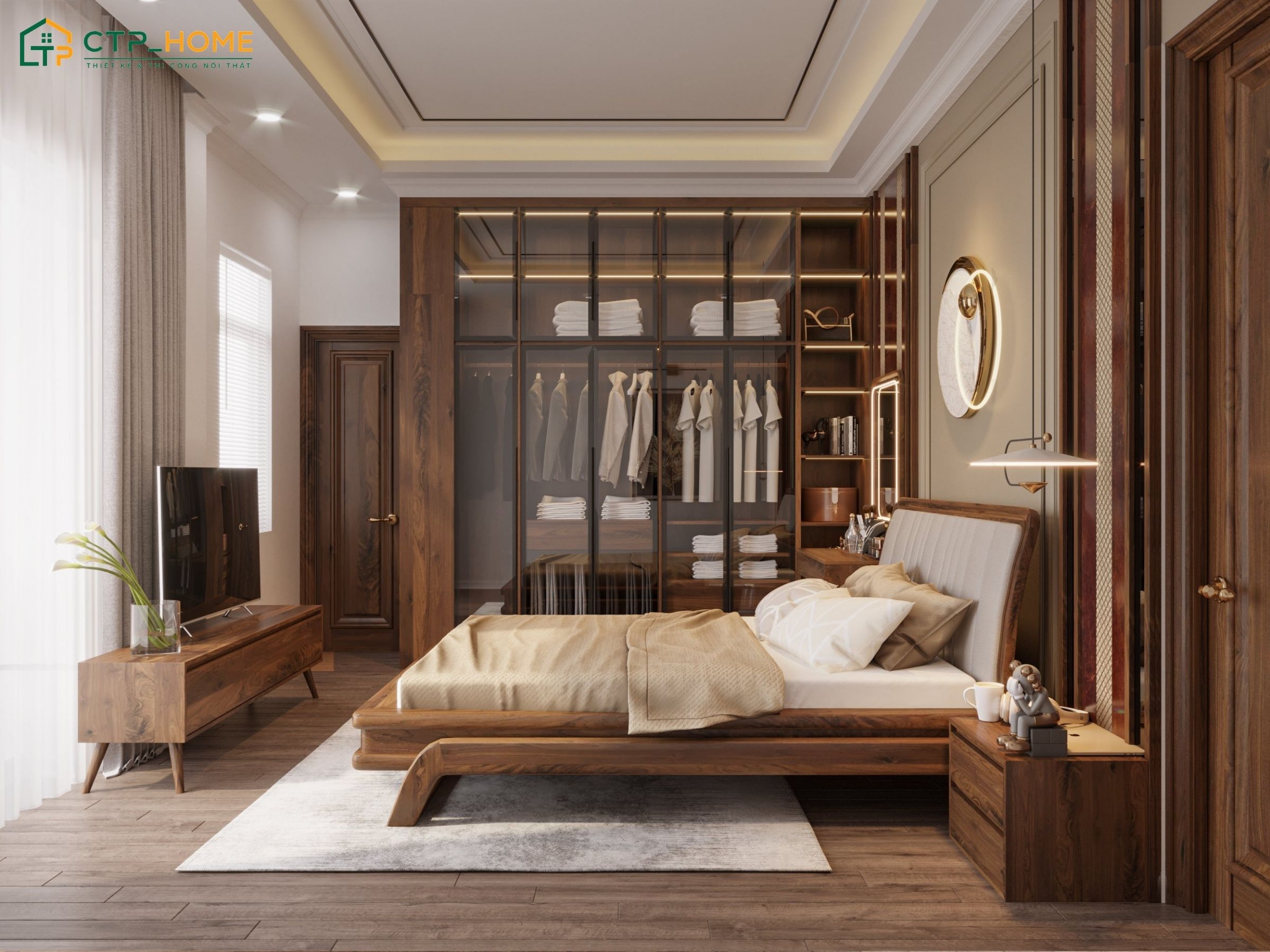 Không gian được bài trí hài hòa với giường gỗ, tủ kính kết hợp đèn LED và các chi tiết trang trí tinh tế