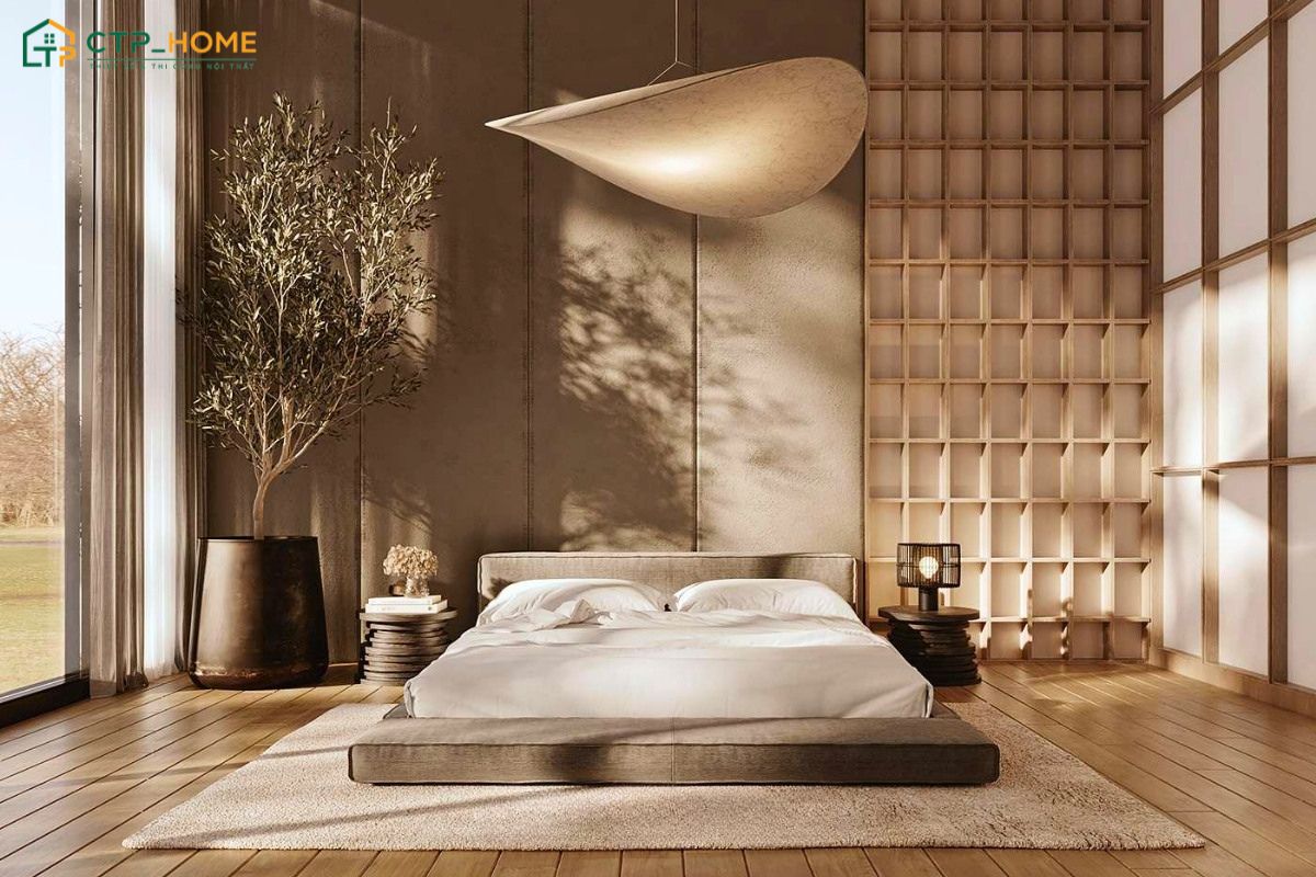 Việc sử dụng tone màu nâu nhạt làm chủ đạo sẽ tạo nên một không gian phòng ngủ ấm cúng và gần gũi